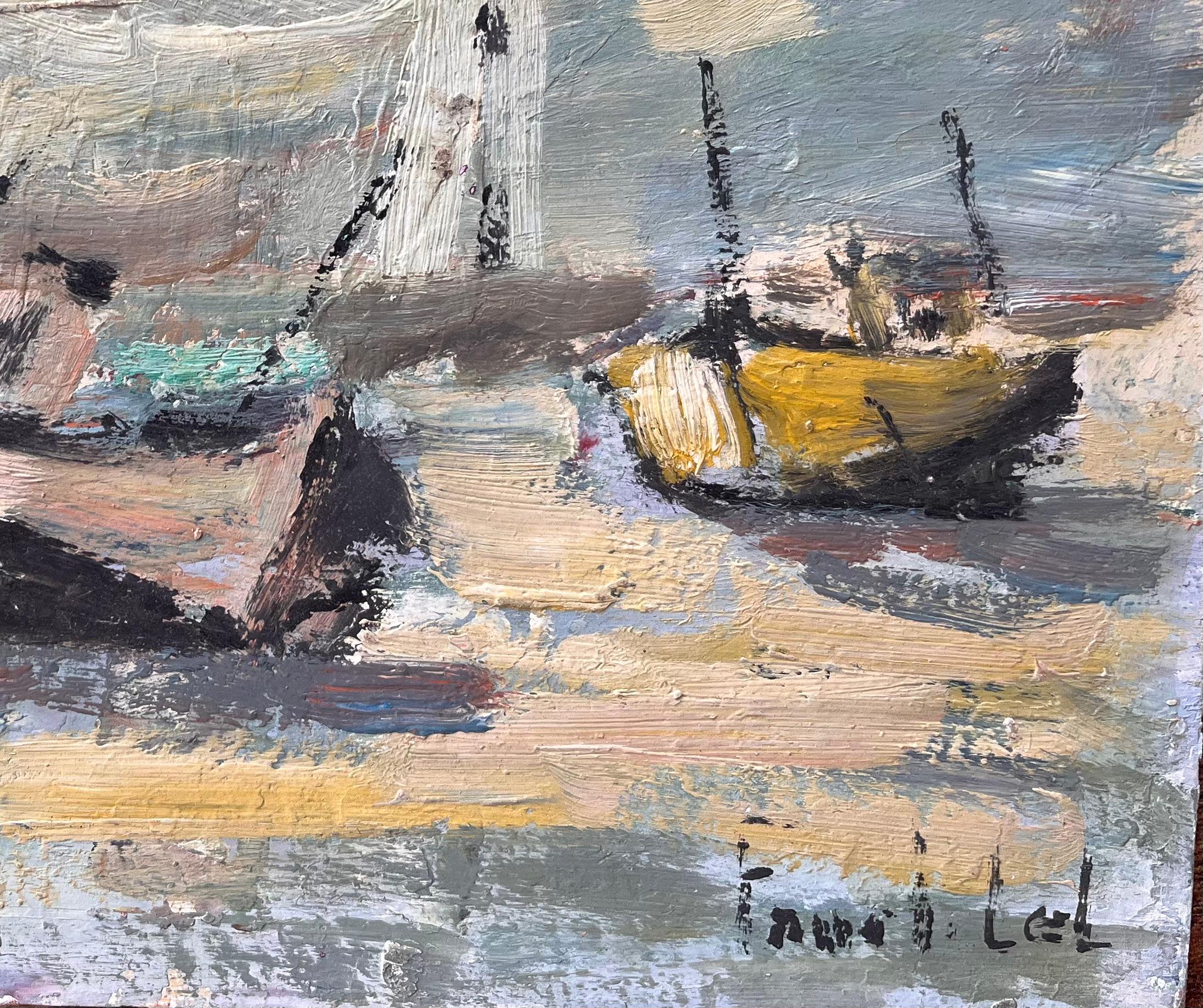 Peinture à l'huile française de la côte des Bateaux avec des bateaux et un phare - Gris Landscape Painting par Fanch Lel