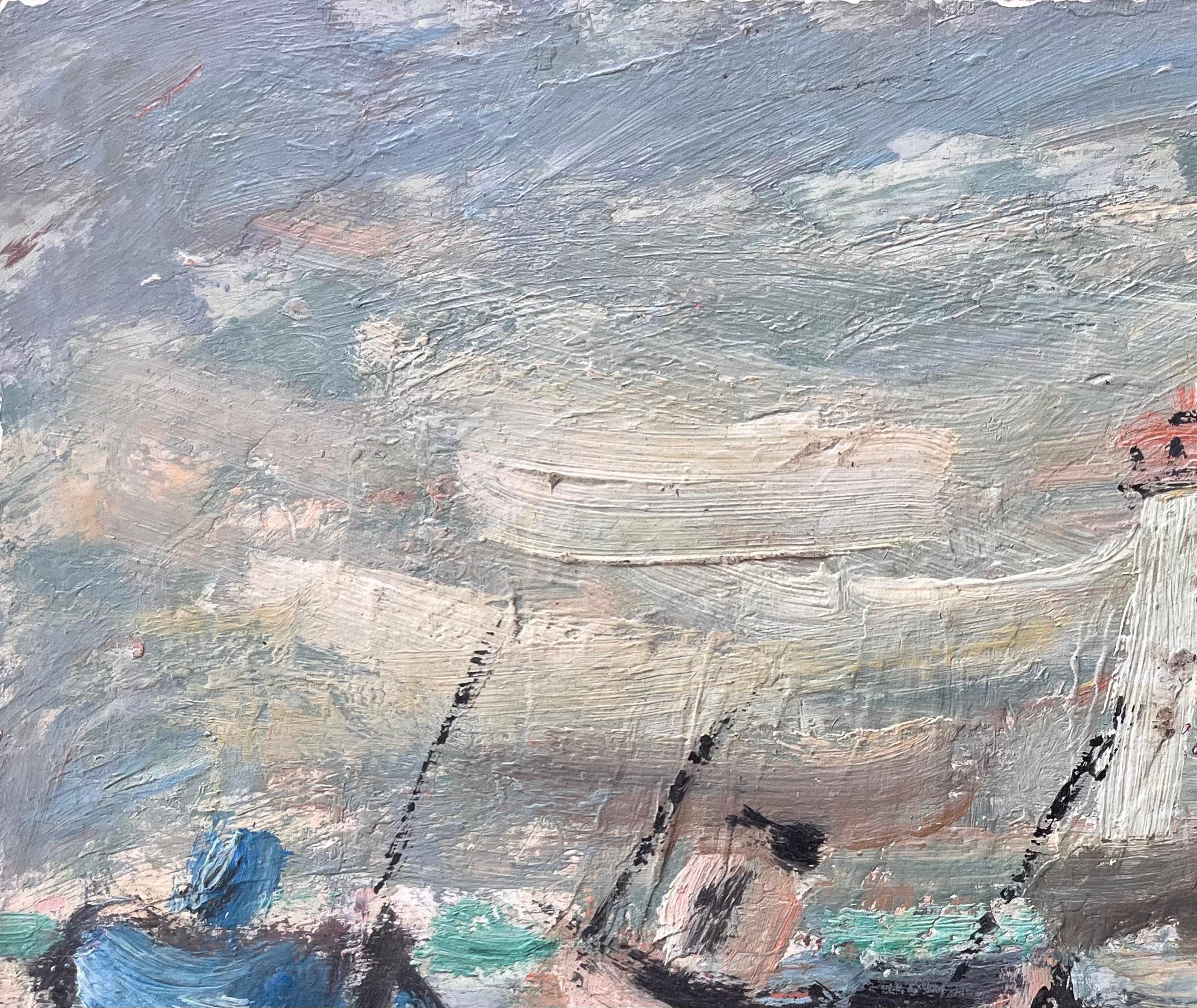 Peinture à l'huile française de la côte des Bateaux avec des bateaux et un phare en vente 1