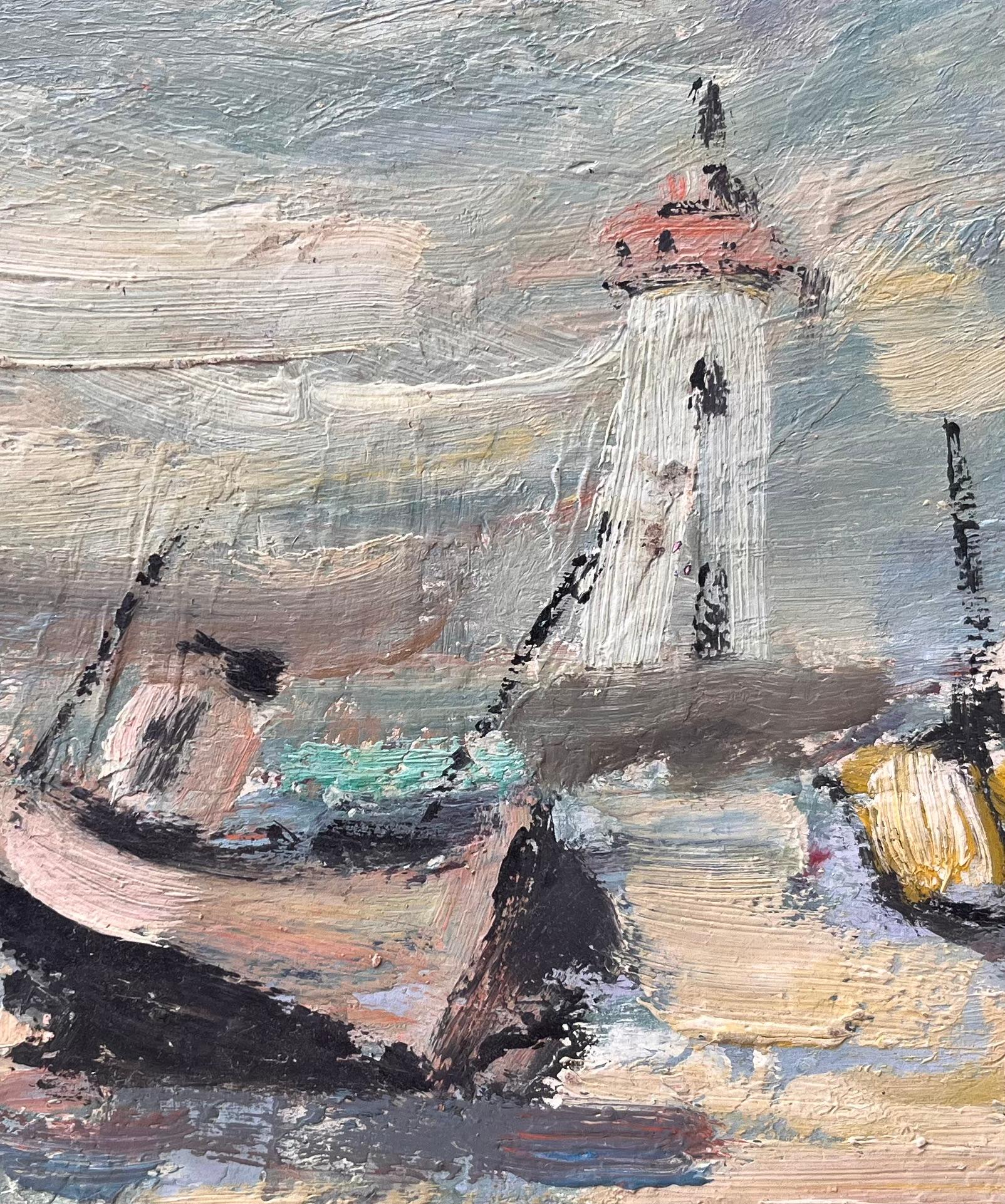 Peinture à l'huile française de la côte des Bateaux avec des bateaux et un phare en vente 2