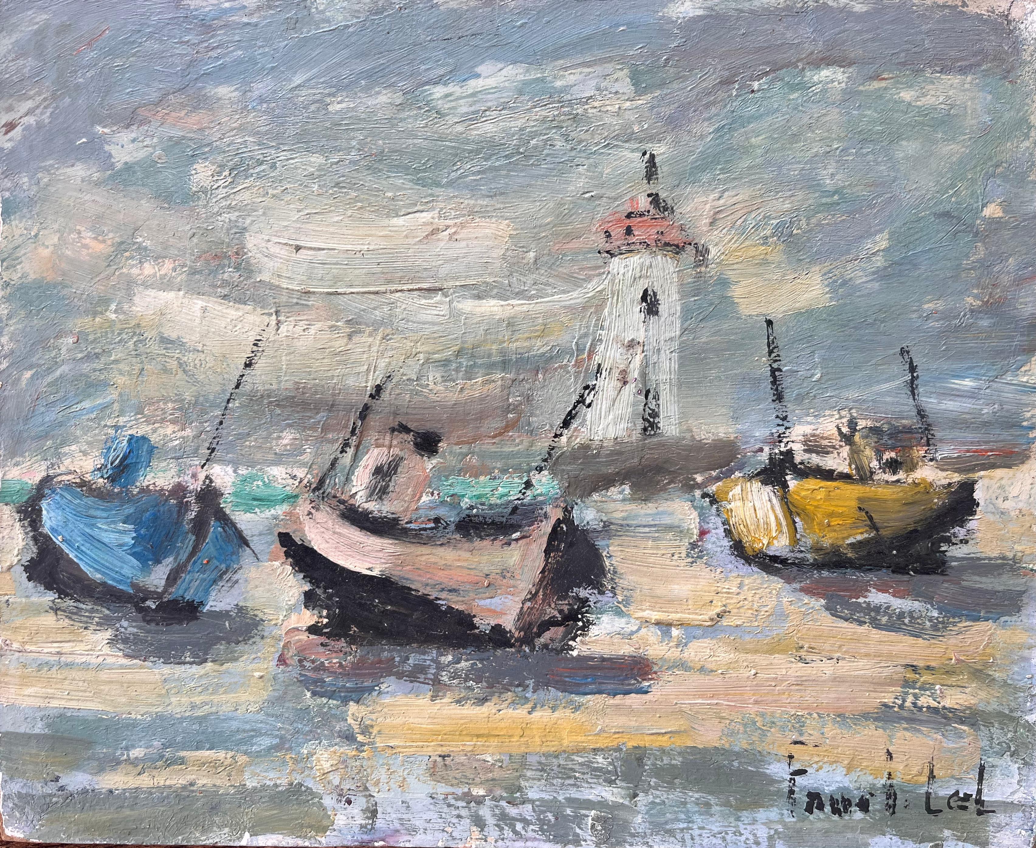 Landscape Painting Fanch Lel - Peinture à l'huile française de la côte des Bateaux avec des bateaux et un phare