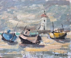Bateaux French Coastal Oil Painting with Boats and Lighthouse
