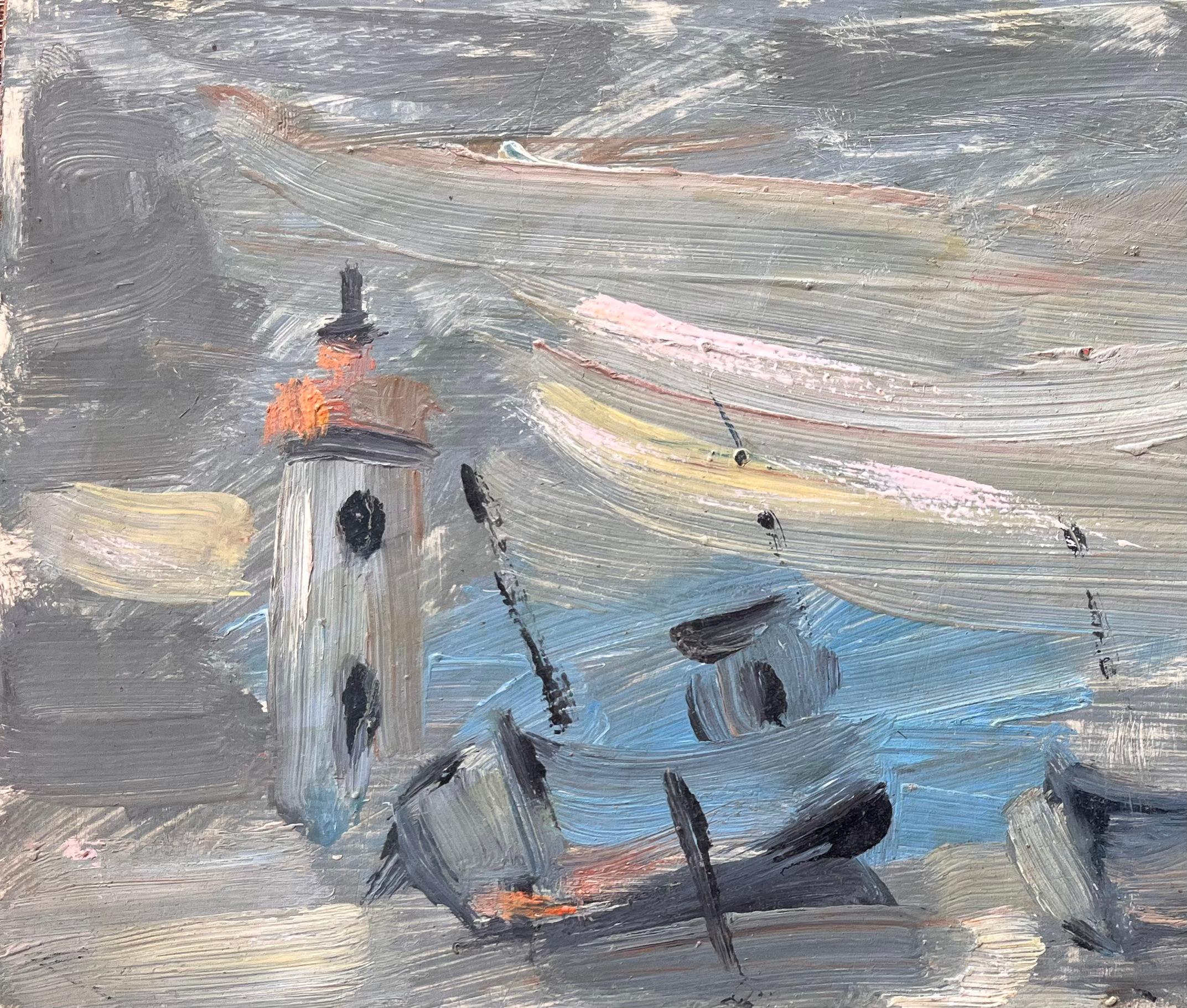 Bateaux Französisches impressionistisches Ölgemälde von Fischenbooten und Leuchtturm, Bateaux (Impressionismus), Painting, von Fanch Lel
