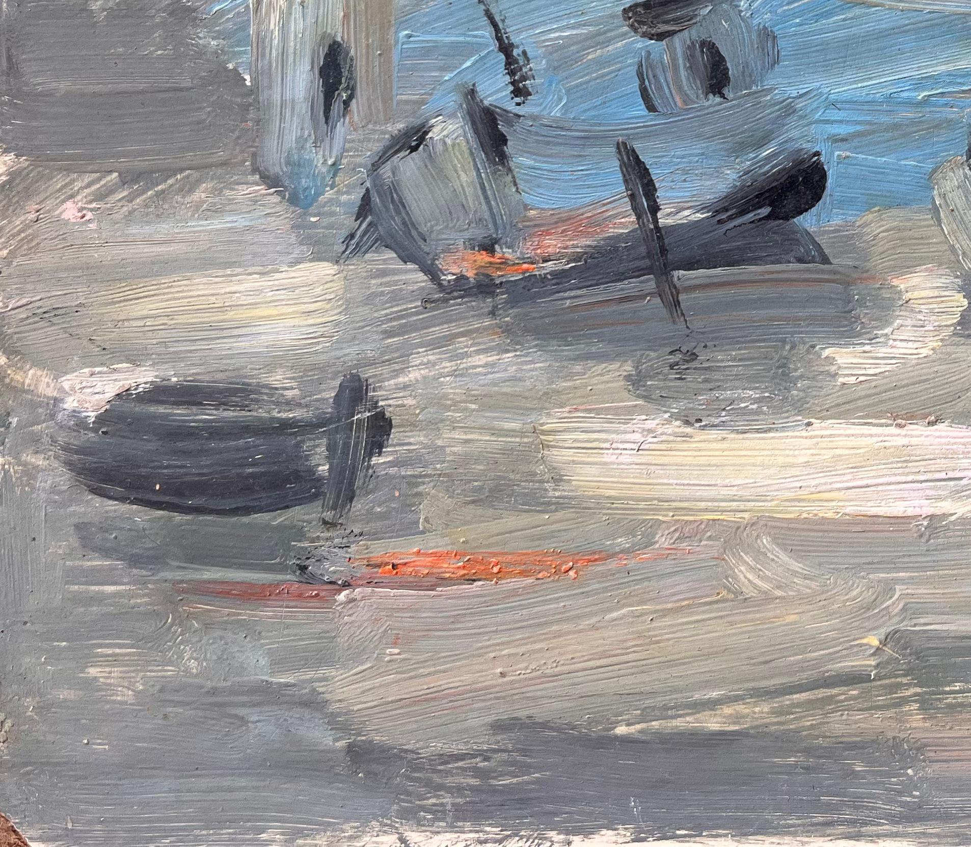 Bateaux Französisches impressionistisches Ölgemälde von Fischenbooten und Leuchtturm, Bateaux (Grau), Still-Life Painting, von Fanch Lel
