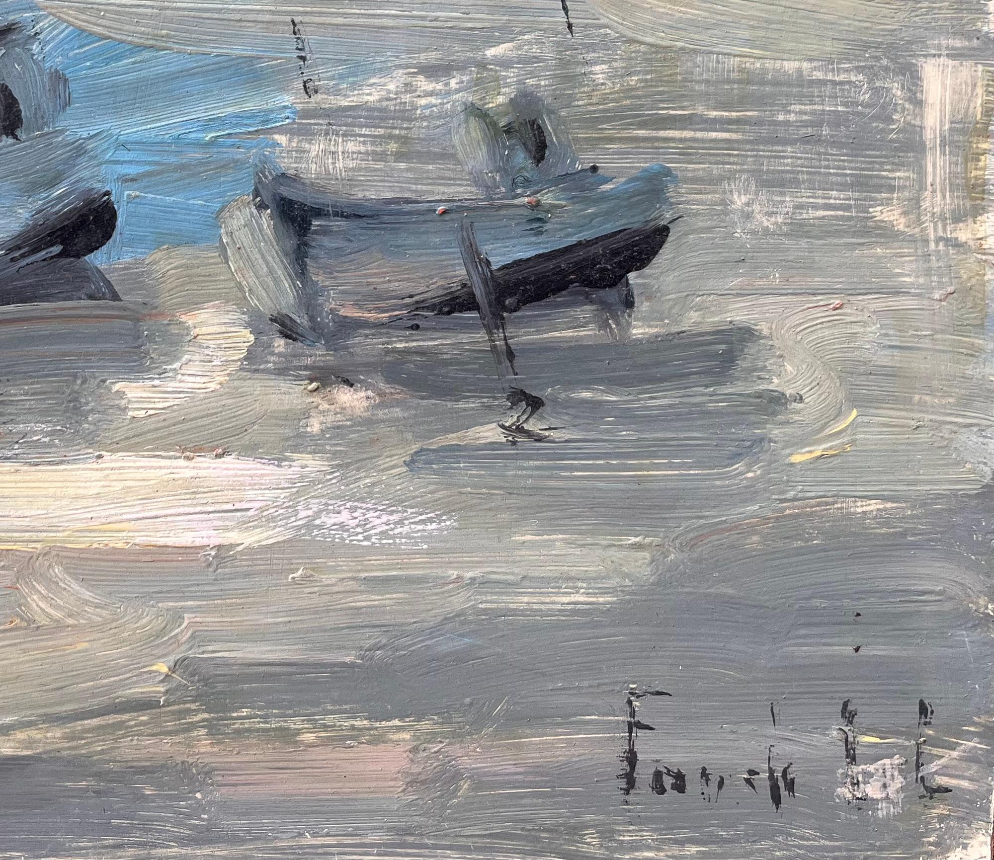 Titel: Bateaux Französischer Impressionist Ölgemälde von Fischerbooten und Leuchtturm
Gezeichnet von Fanch Lel
Größe: 8,75 Zoll (Höhe) x 10,5 Zoll (Breite)
Medium: Öl auf Karton, ungerahmt
Zustand: Das Gemälde ist in gutem Zustand mit leichten