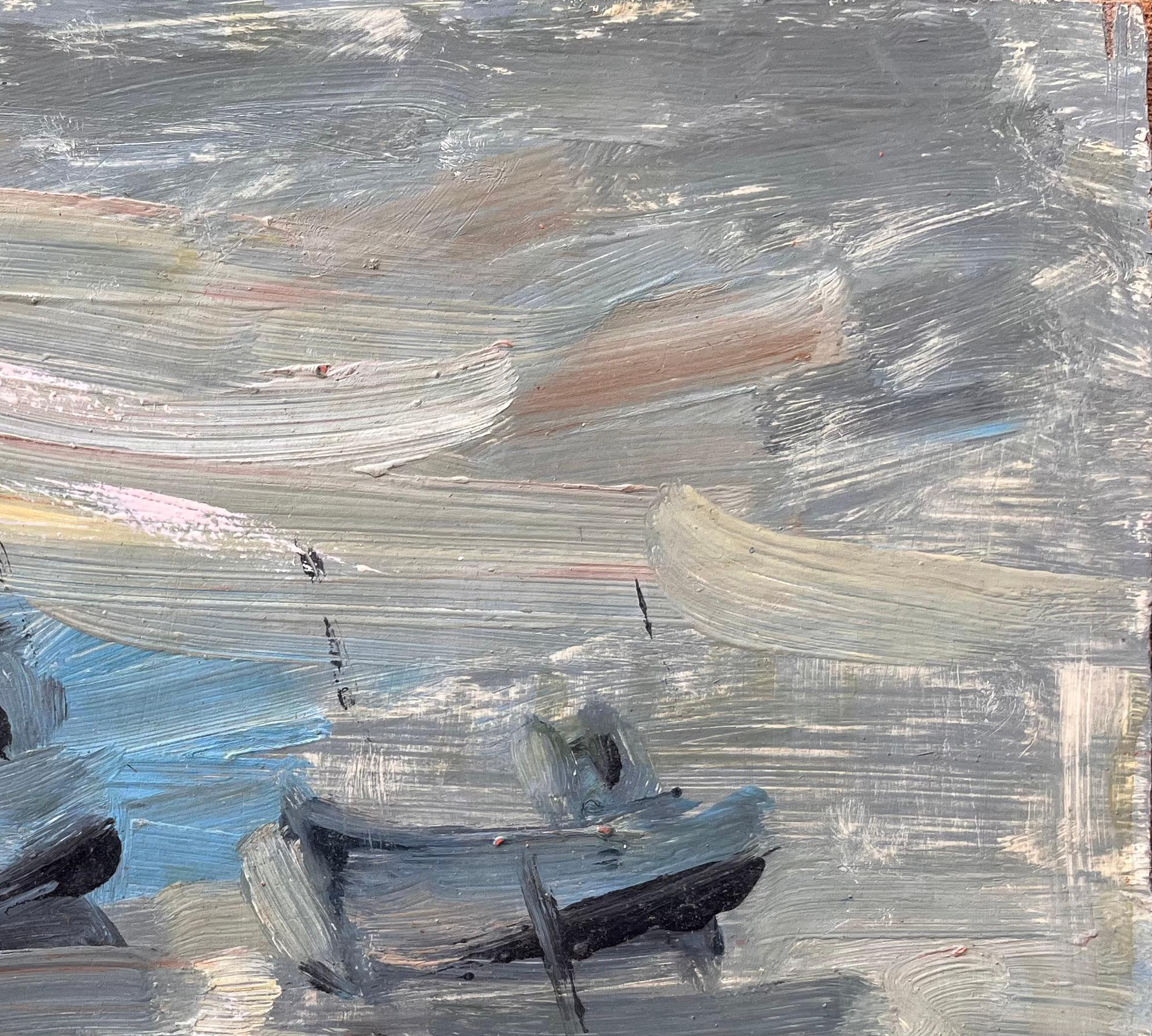 Bateaux Französisches impressionistisches Ölgemälde von Fischenbooten und Leuchtturm, Bateaux im Angebot 1