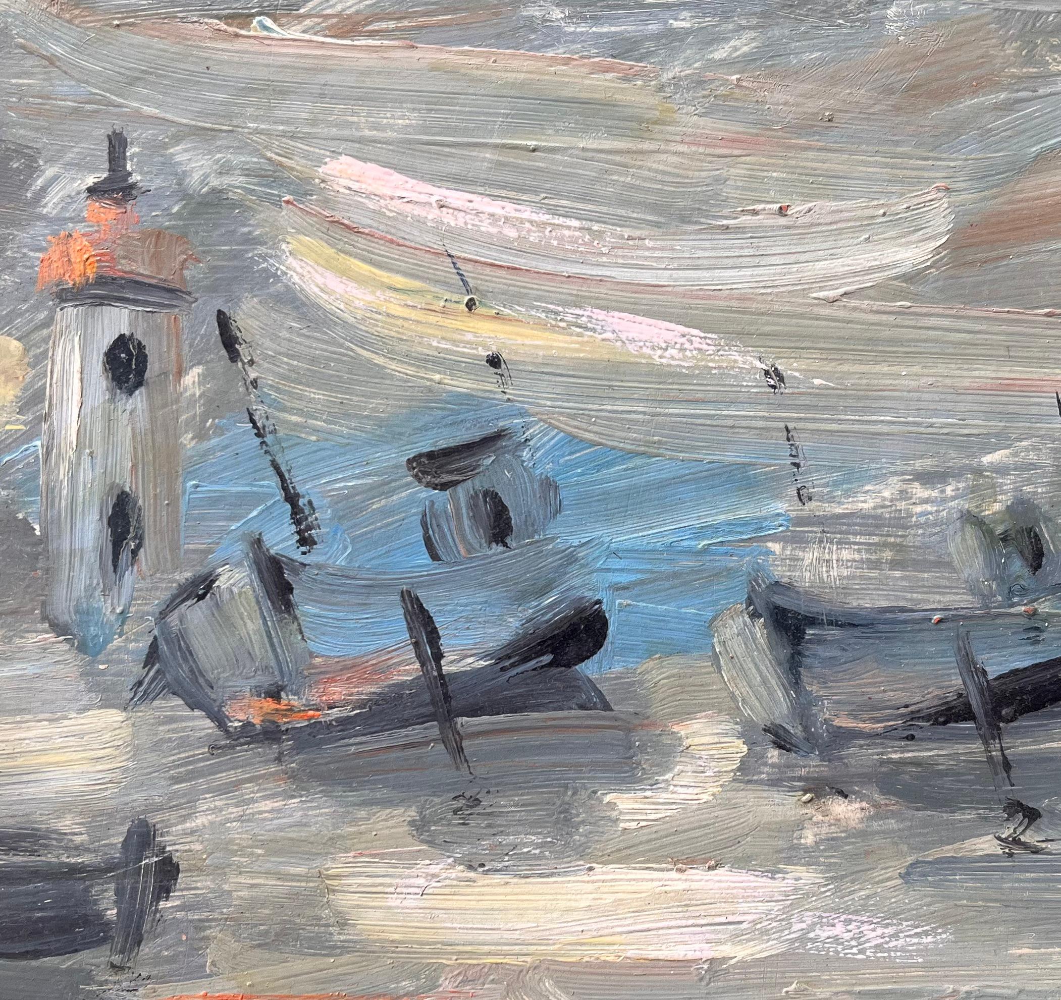 Bateaux Französisches impressionistisches Ölgemälde von Fischenbooten und Leuchtturm, Bateaux im Angebot 2