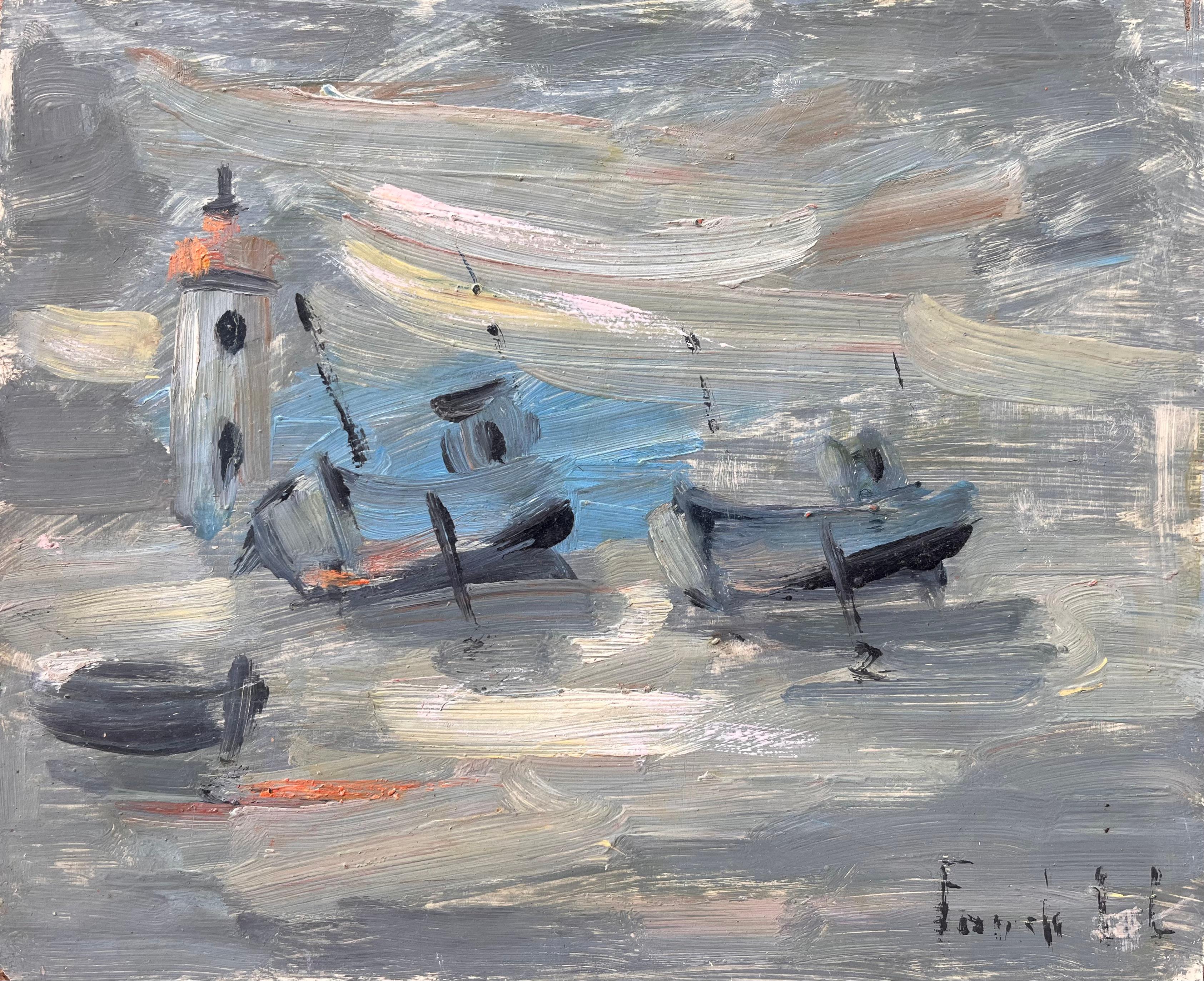 Bateaux Französisches impressionistisches Ölgemälde von Fischenbooten und Leuchtturm, Bateaux