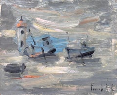 Peinture à l'huile impressionniste française de Bateaux représentant des bateaux de pêche et un phare