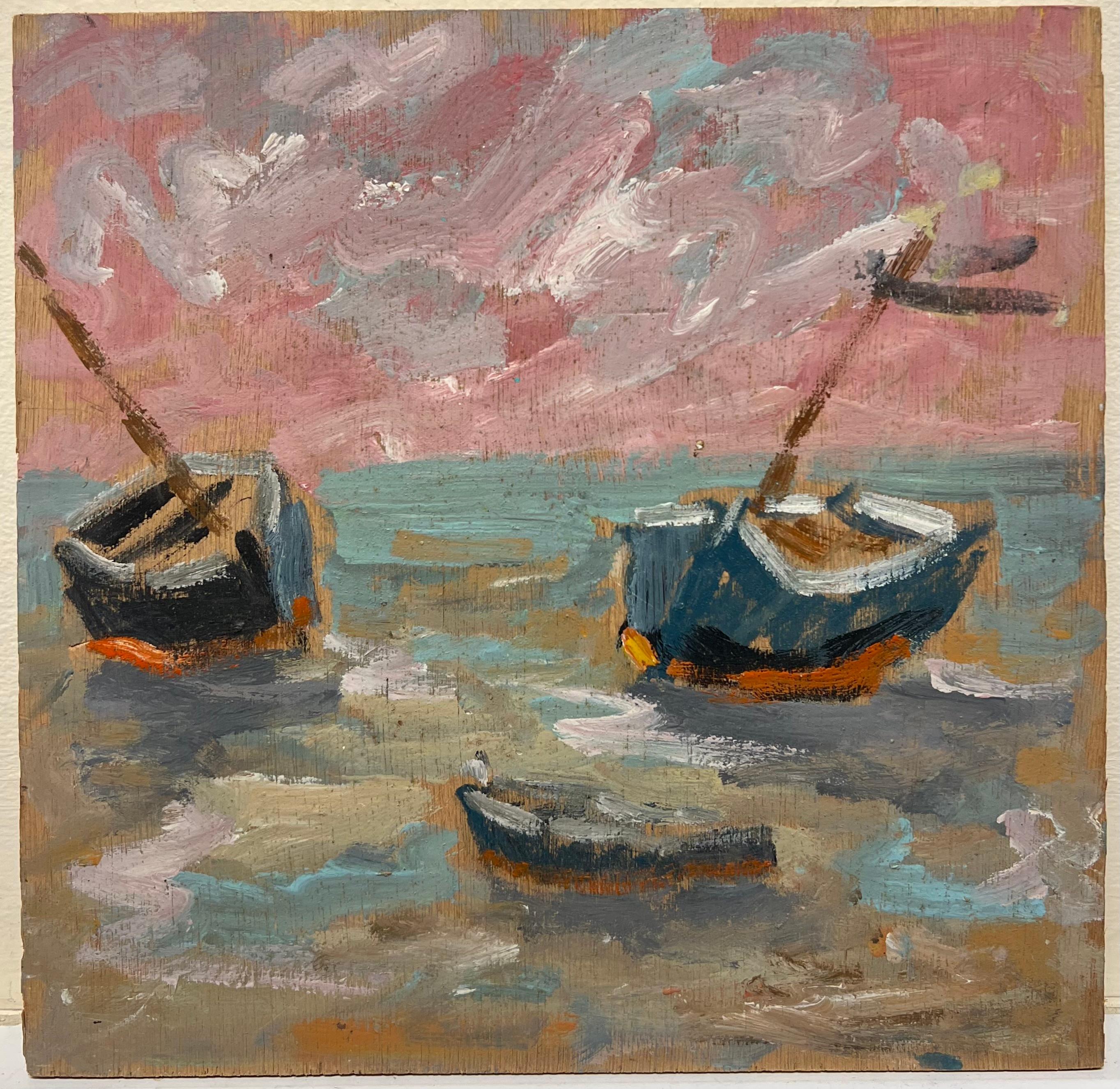 Barcos azules varados al atardecer Rosa Escena costera Pintura al óleo francesa - Painting de Fanch Lel
