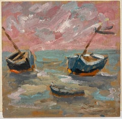 Beached Blue Boats at Pink Sunset Coastal Scene French Oil Painting