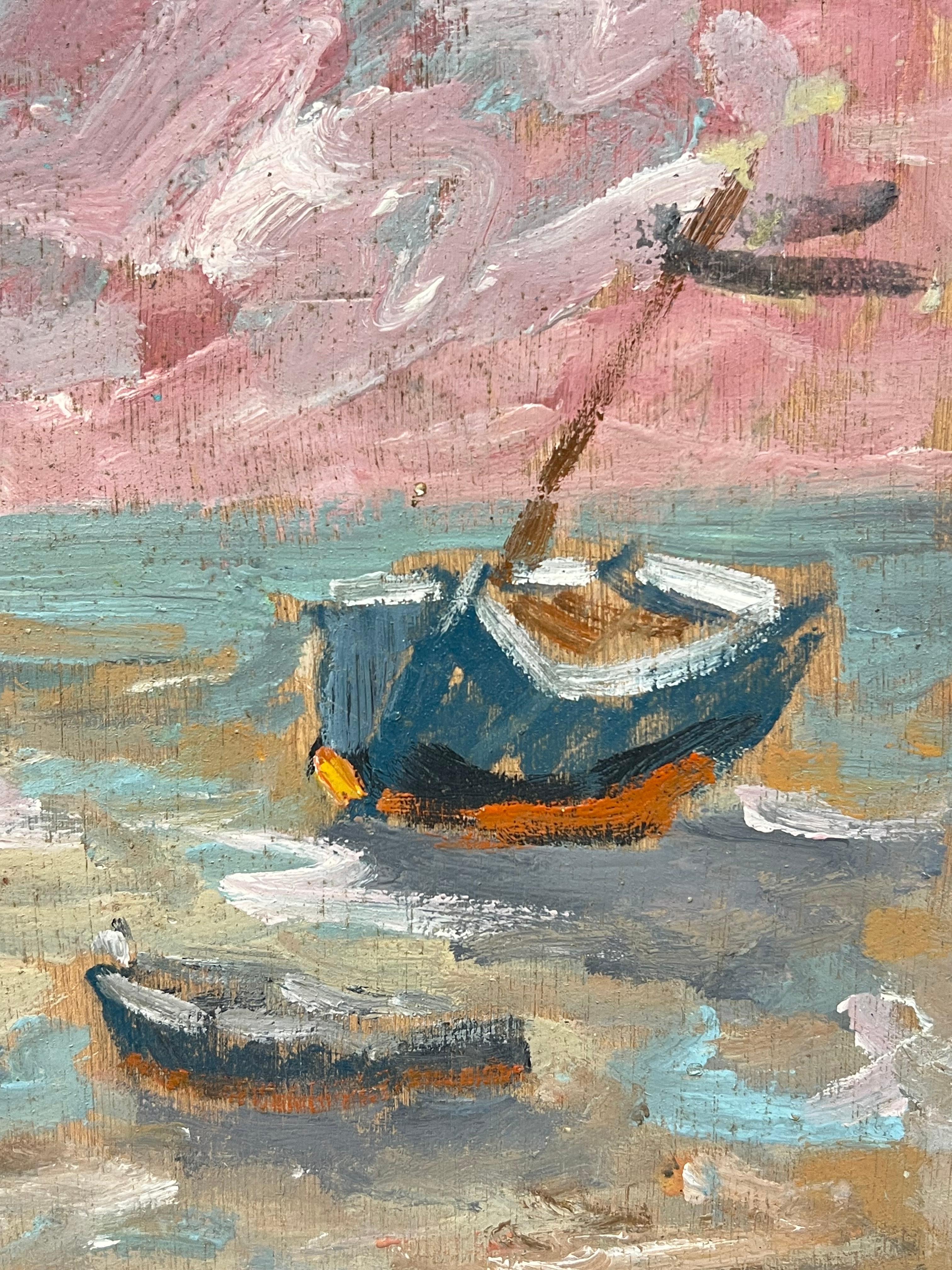 Barcos azules varados al atardecer Rosa Escena costera Pintura al óleo francesa - Painting Impresionista de Fanch Lel