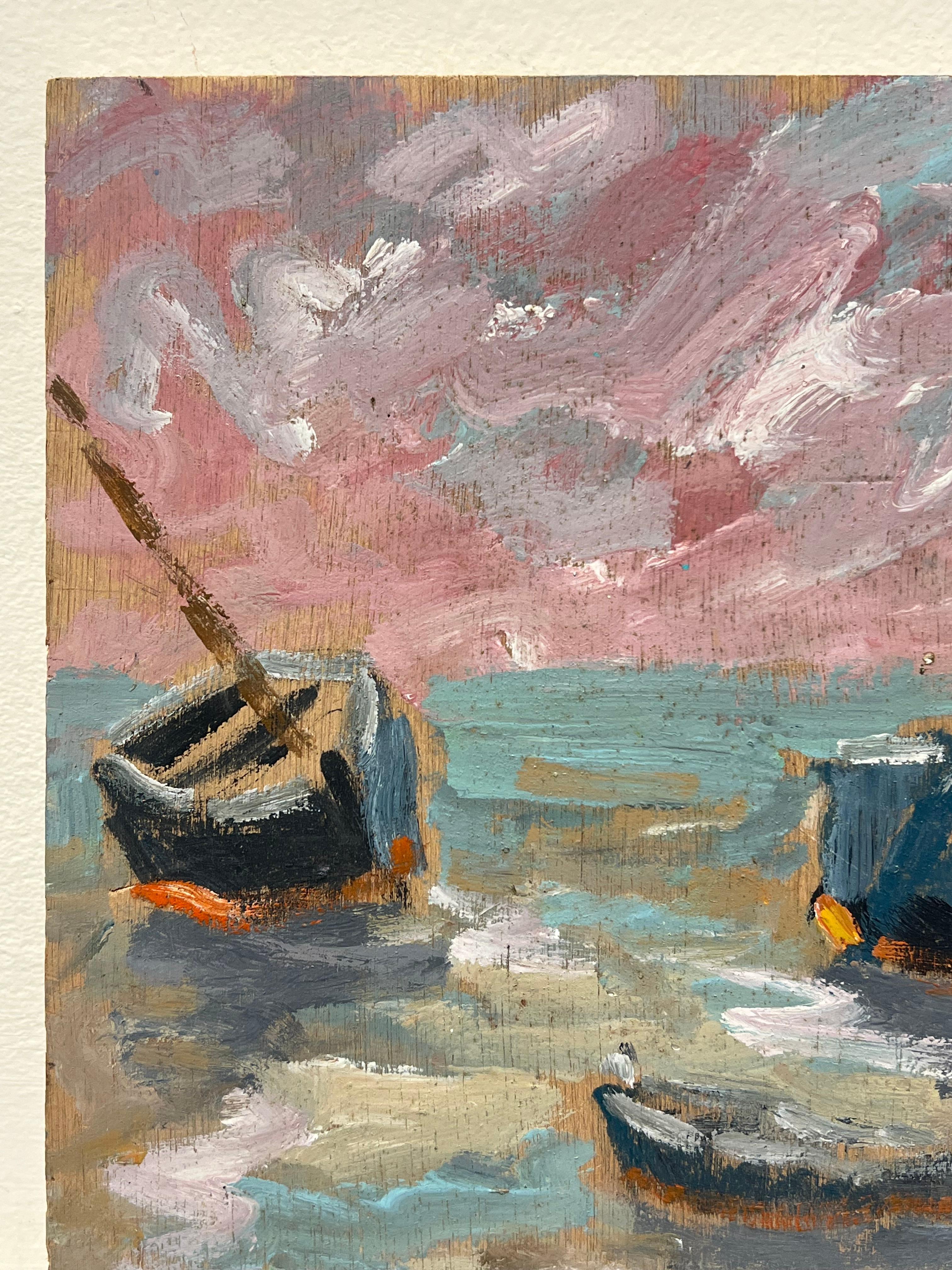 Barcos azules varados al atardecer Rosa Escena costera Pintura al óleo francesa - Landscape Painting Marrón de Fanch Lel