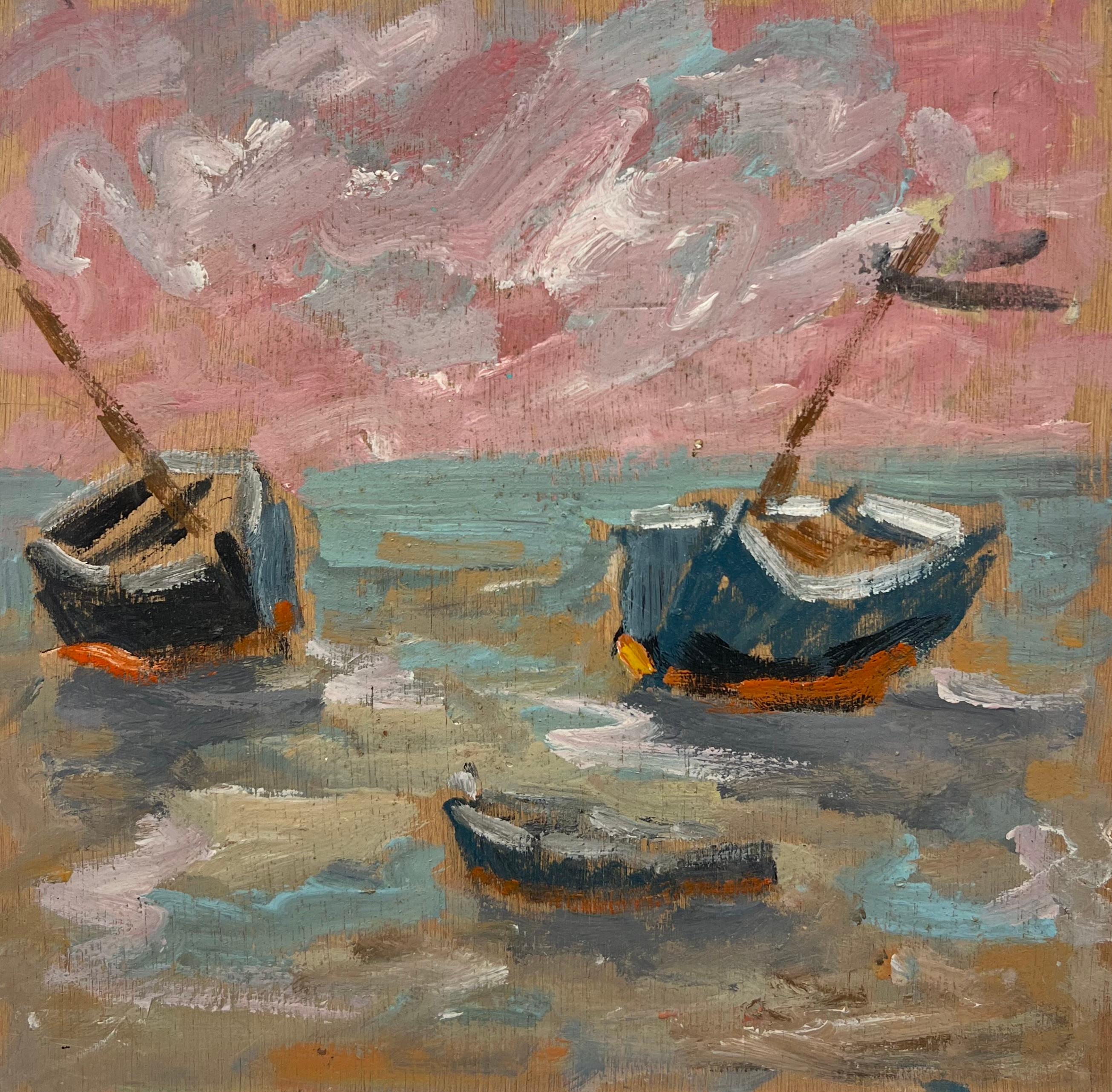 Landscape Painting de Fanch Lel - Barcos azules varados al atardecer Rosa Escena costera Pintura al óleo francesa