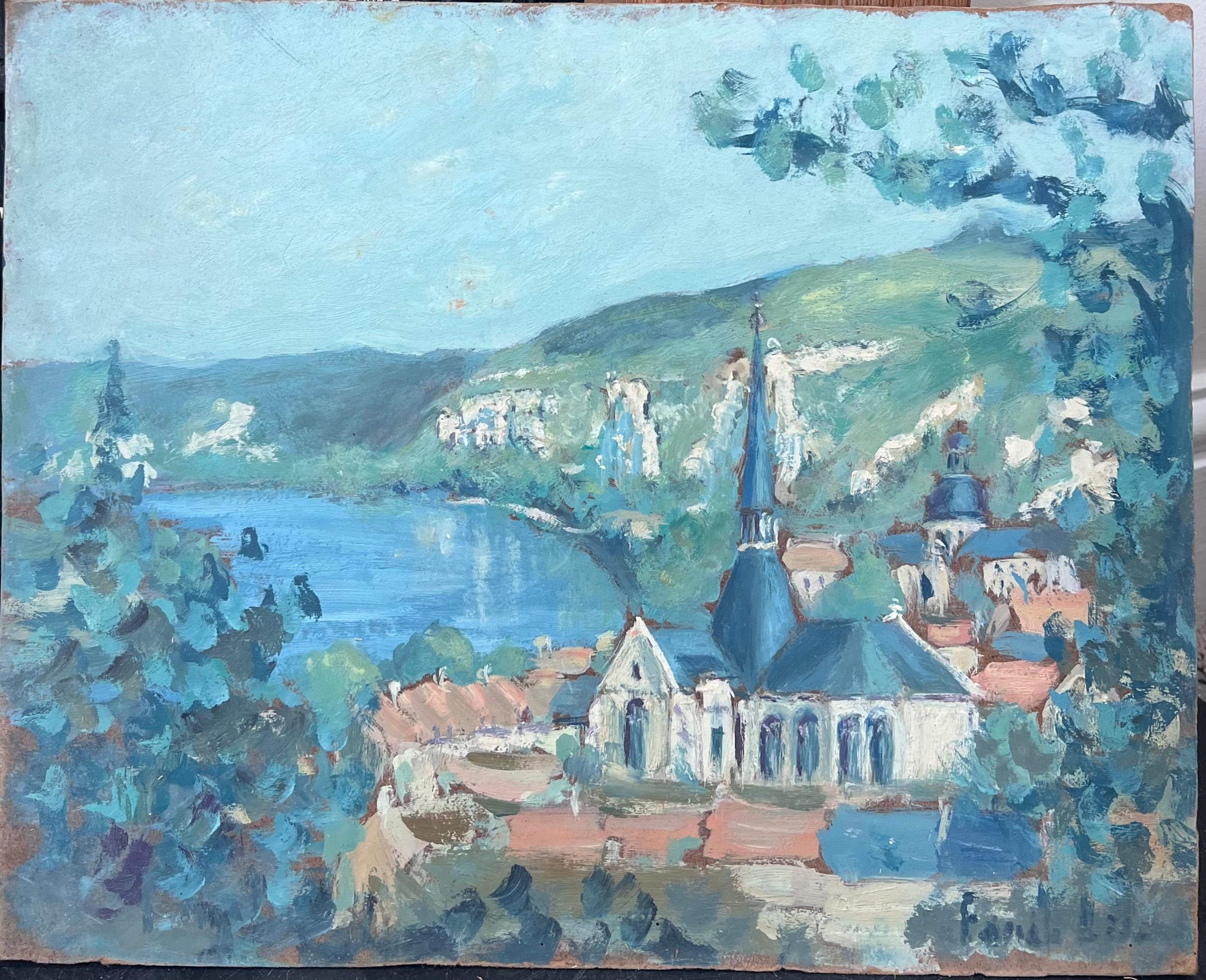 Chiesa blu in un mare blu brillante Rivera Paesaggio francese dipinto a olio - Painting di Fanch Lel