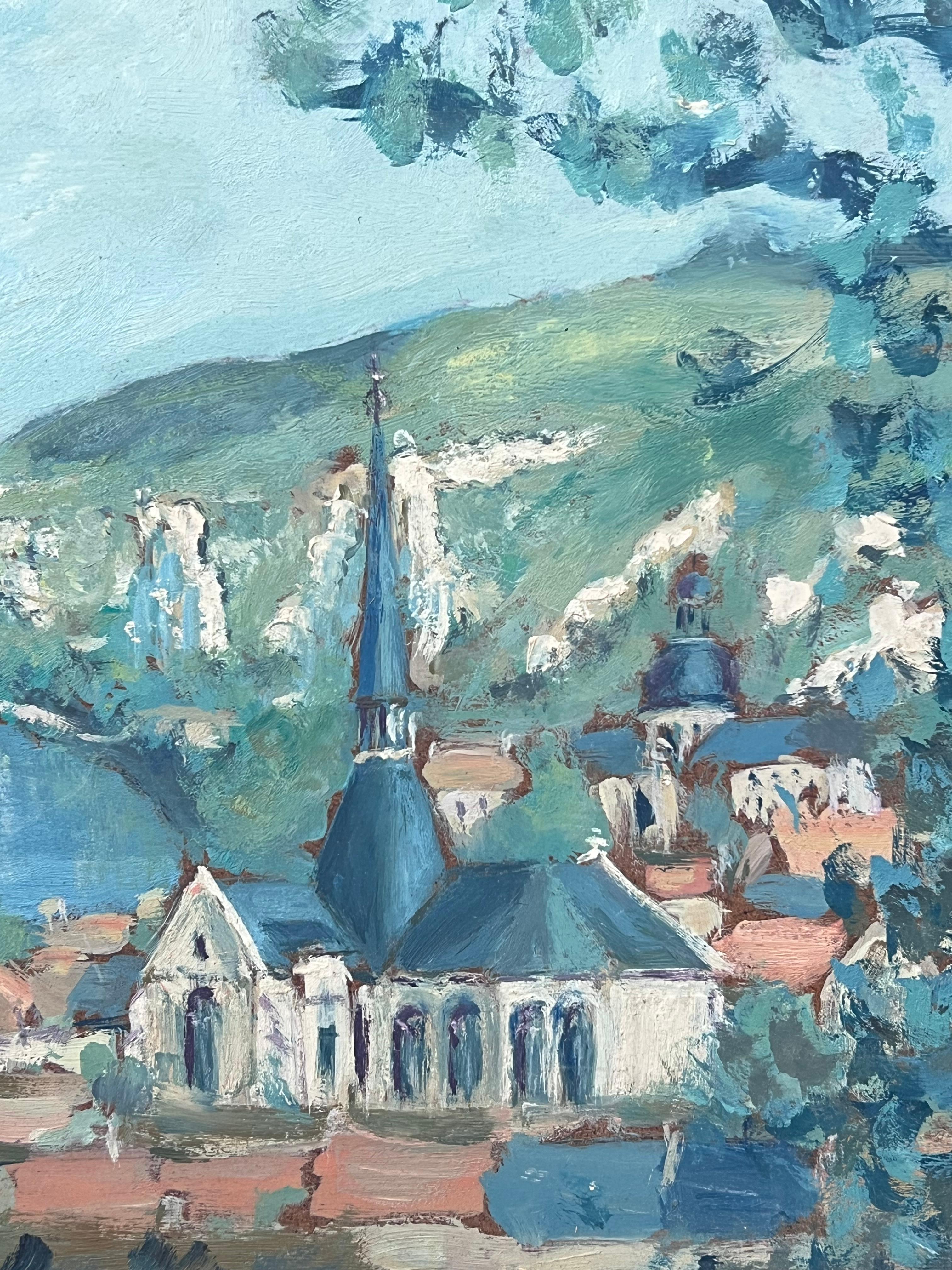 Chiesa blu in un mare blu brillante Rivera Paesaggio francese dipinto a olio - Painting Impressionismo di Fanch Lel