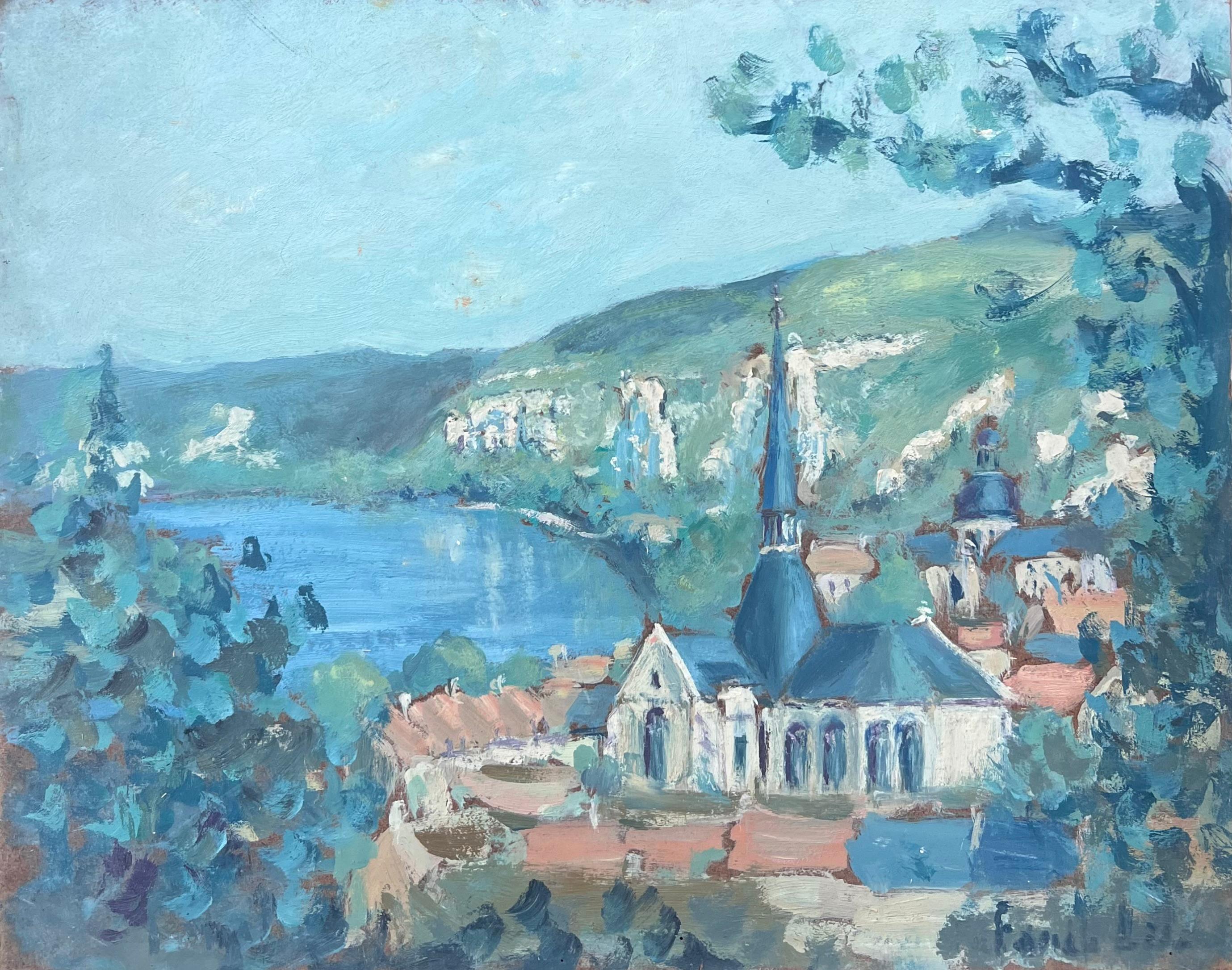 Chiesa blu in un mare blu brillante Rivera Paesaggio francese dipinto a olio - Landscape Painting Blu di Fanch Lel