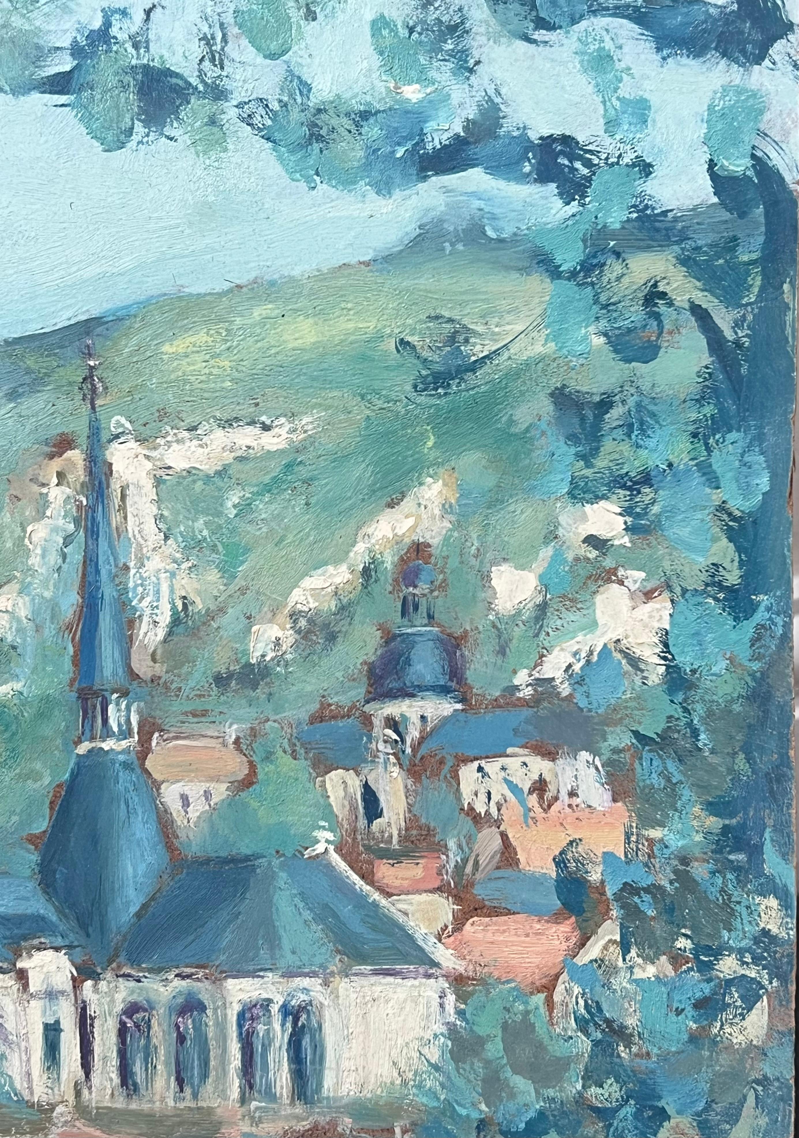 Chiesa blu in un mare blu brillante Rivera Paesaggio francese dipinto a olio in vendita 1