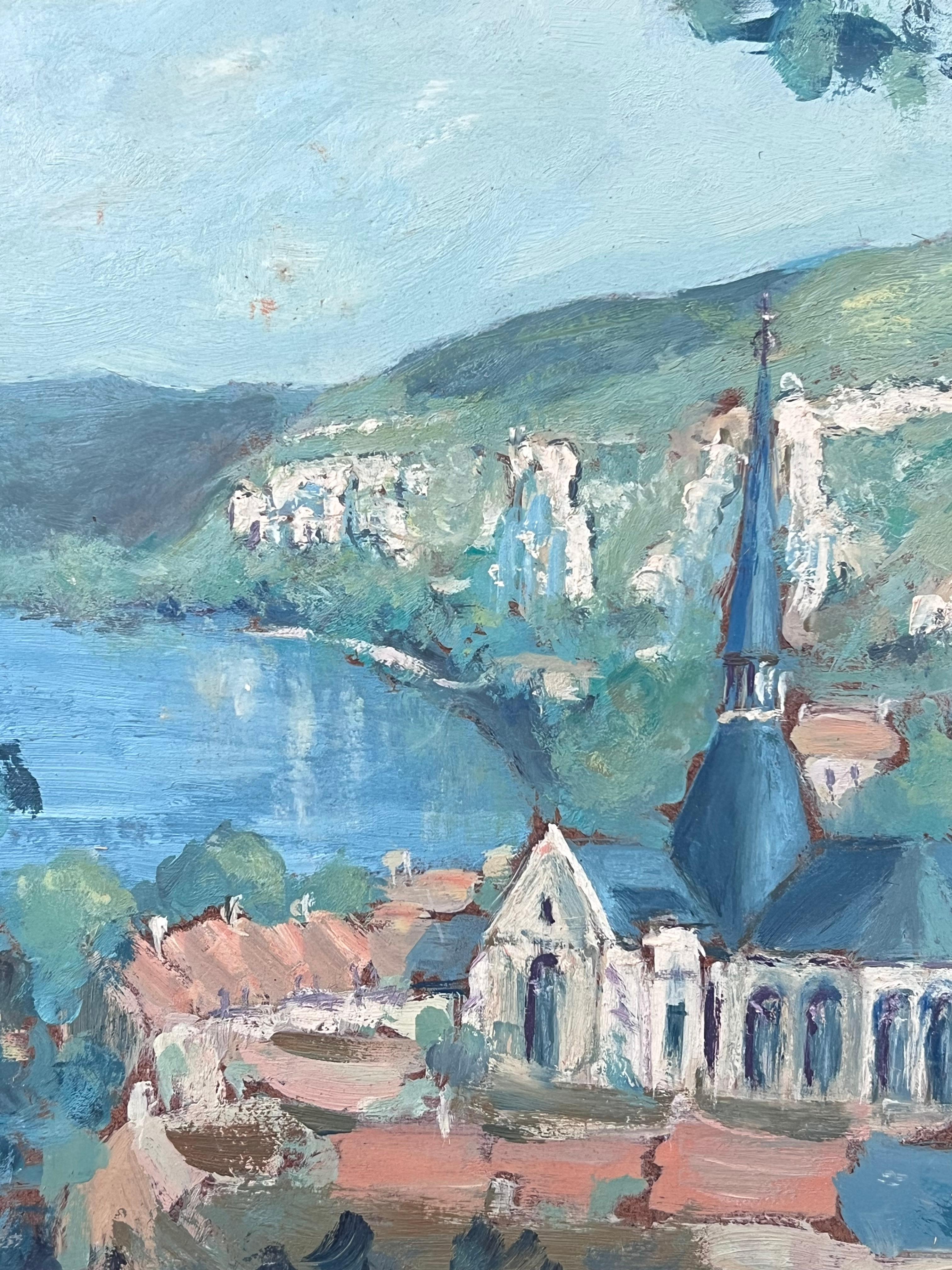 Chiesa blu in un mare blu brillante Rivera Paesaggio francese dipinto a olio in vendita 2