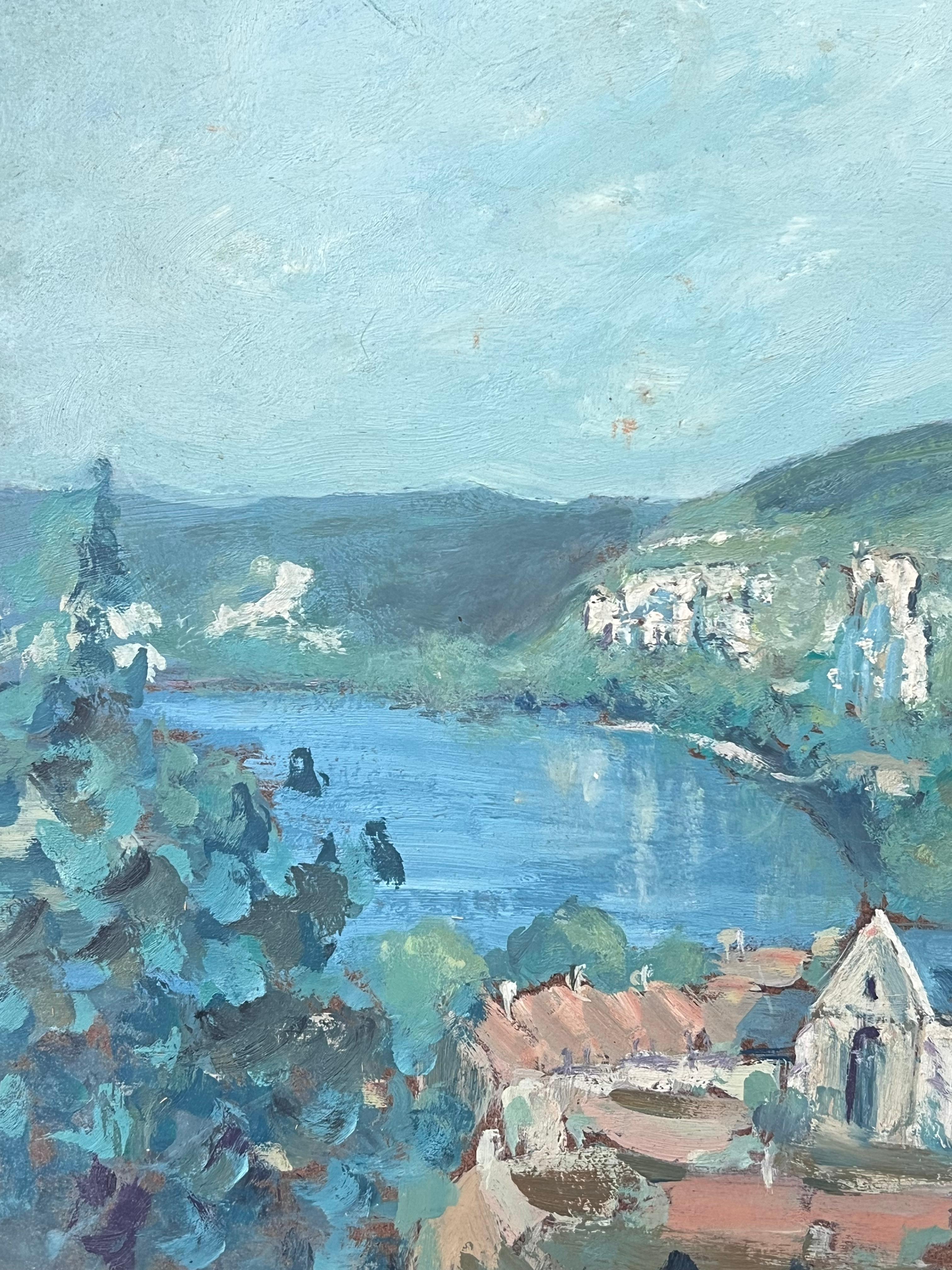 Chiesa blu in un mare blu brillante Rivera Paesaggio francese dipinto a olio in vendita 3