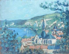 Chiesa blu in un mare blu brillante Rivera Paesaggio francese dipinto a olio