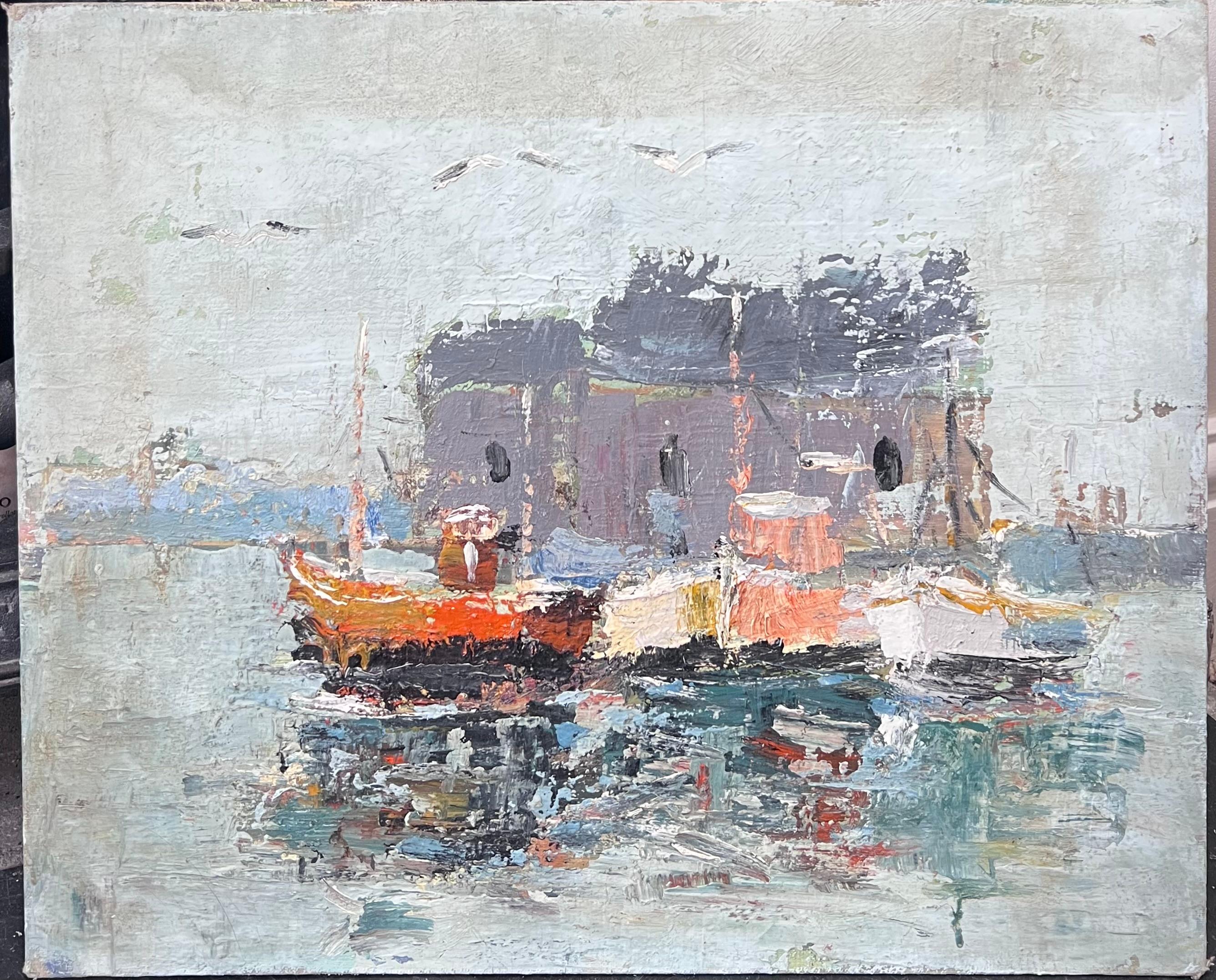 Unscharfe bunte Boote in den dicken blauen Gewässern Französisch Landschaft Ölgemälde – Painting von Fanch Lel
