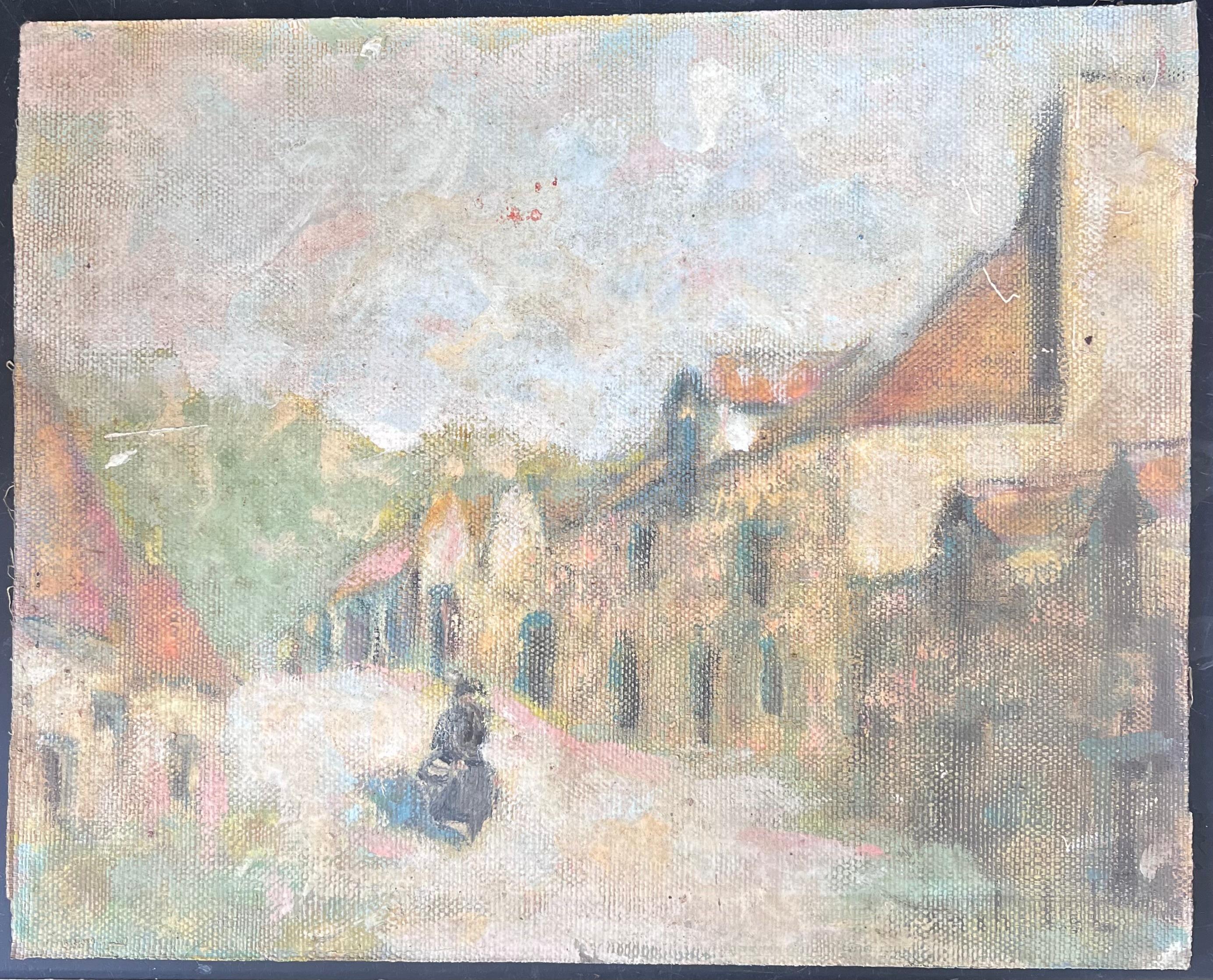 Figure dénudée marchant dans la rue de la ville, peinture à l'huile de paysage français - Painting de Fanch Lel