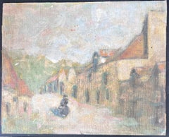 Figura sfocata che passeggia per la strada di Townes Paesaggio francese pittura ad olio