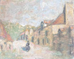 Blurred Figure Strolling Through The Town Street French Landscape Oil Painting