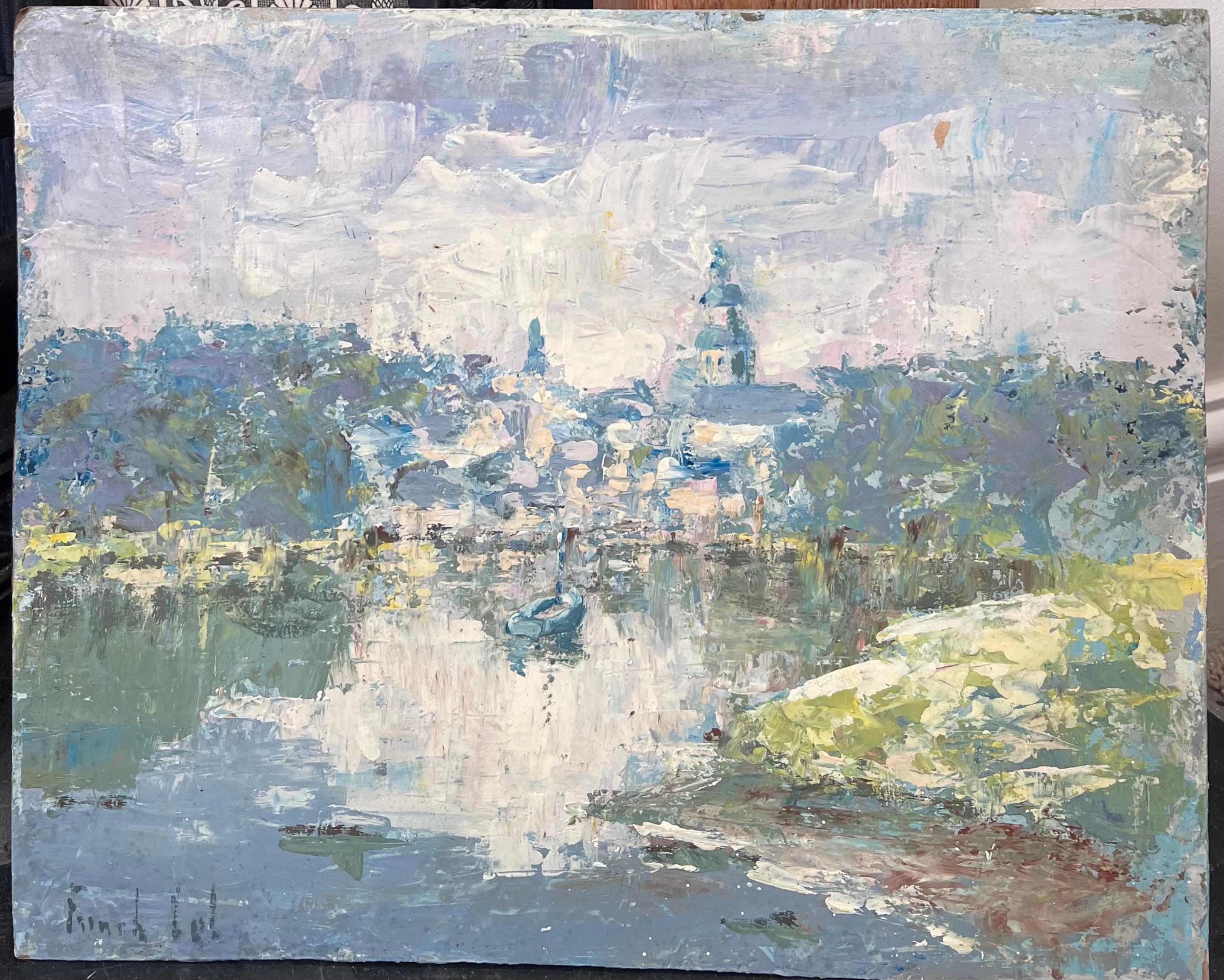 Bateau dans lac pommelé Townes flou Peinture à l'huile paysage français - Painting de Fanch Lel