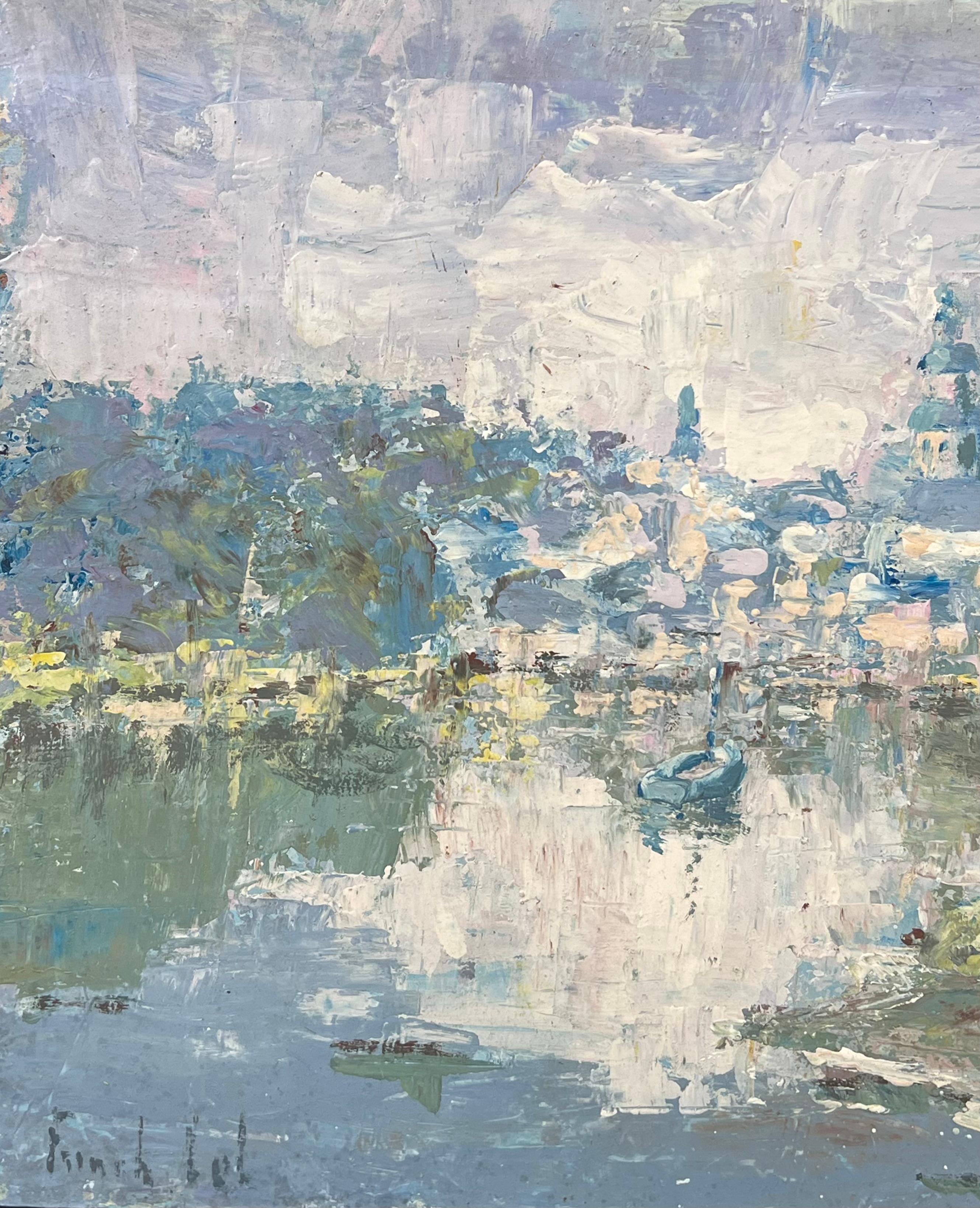 Bateau dans lac pommelé Townes flou Peinture à l'huile paysage français - Impressionnisme Painting par Fanch Lel