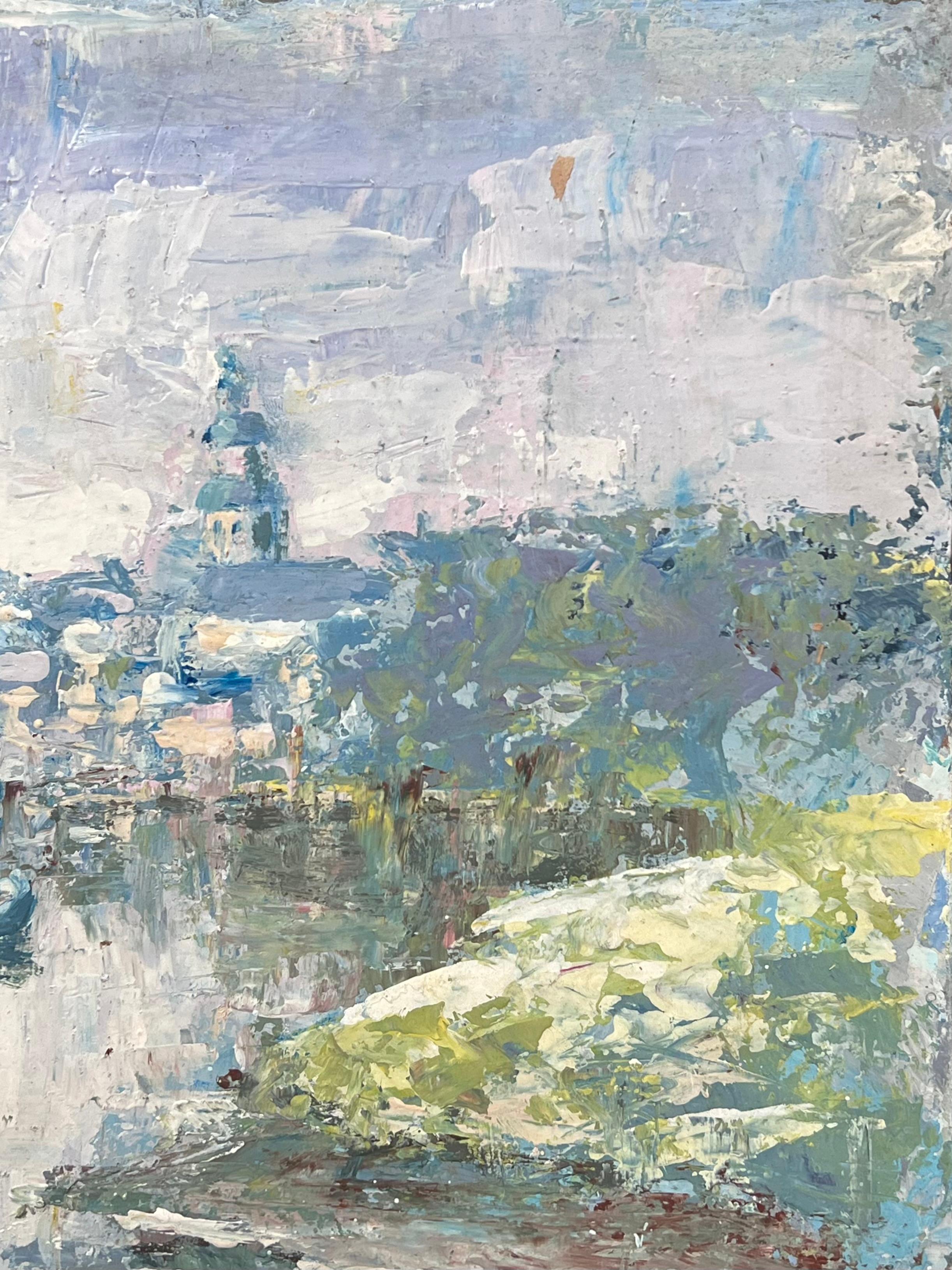 Bateau dans lac pommelé Townes flou Peinture à l'huile paysage français - Gris Landscape Painting par Fanch Lel
