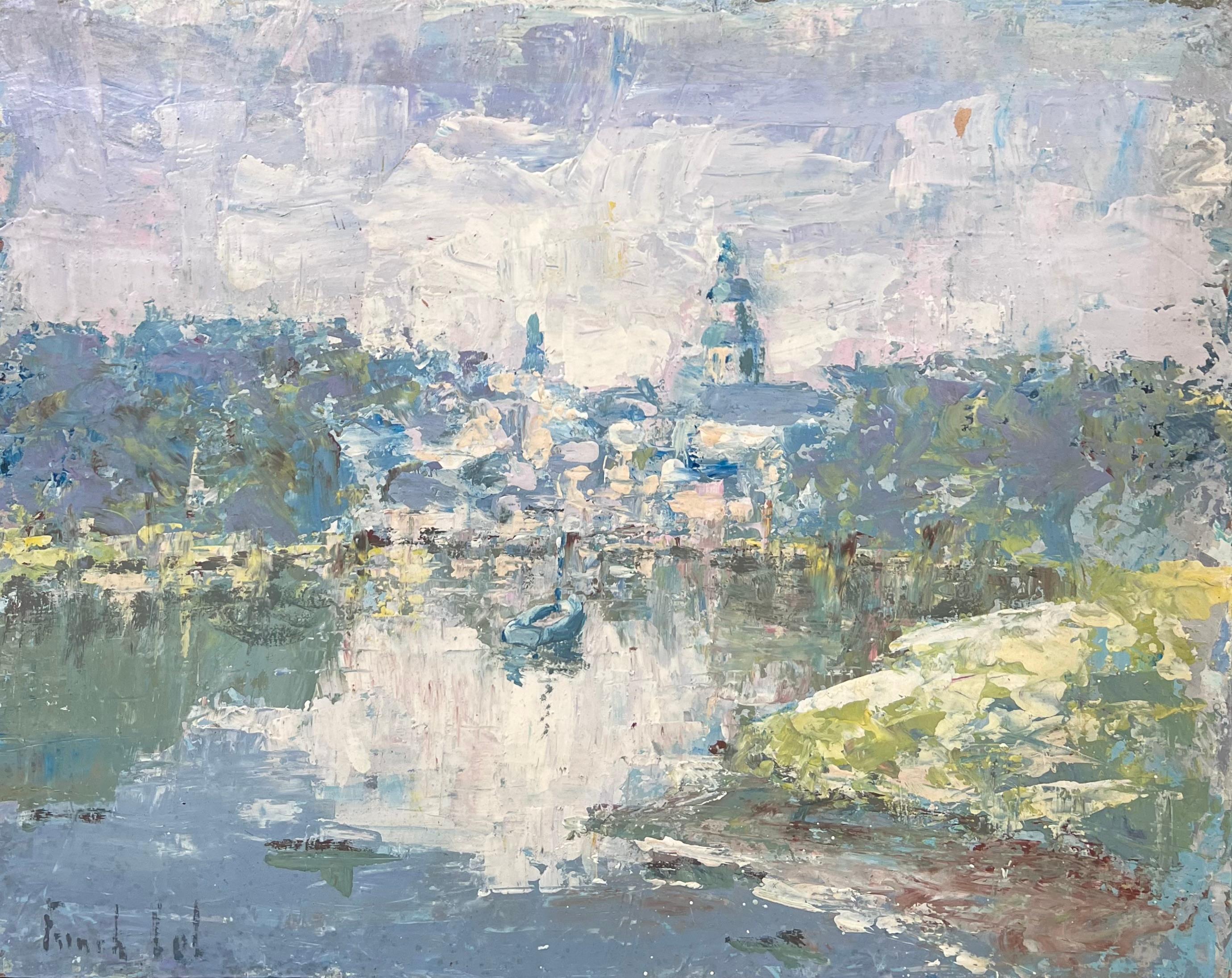Bateau dans le lac pommelé
Signé par Fanch Lel
Taille : 13 x 16 pouces (hauteur x largeur)
Peinture à l'huile sur carton, non encadrée
Condit : Bon état général avec de légères marques de manipulation en surface et une légère usure sur les bords,