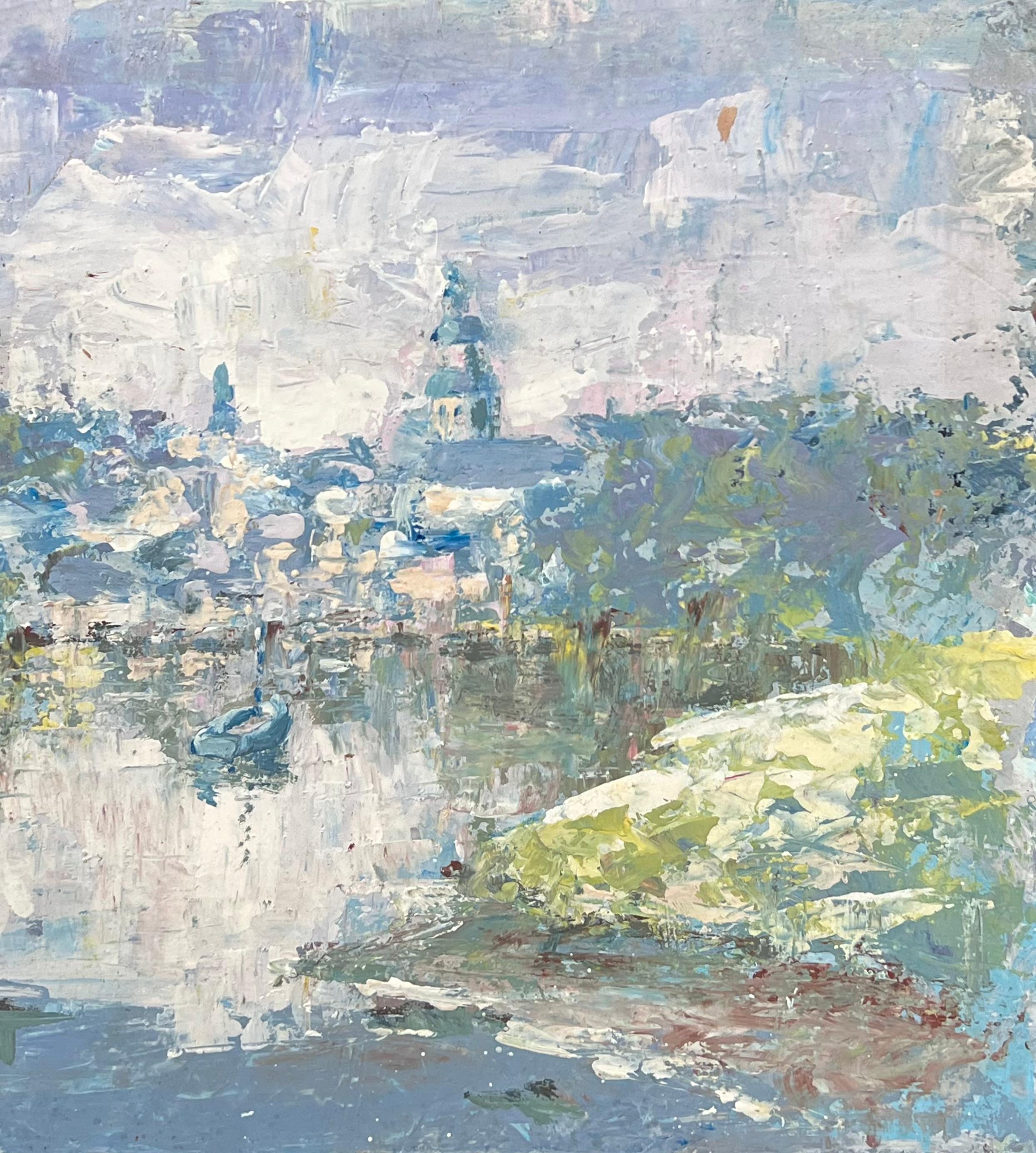 Bateau dans lac pommelé Townes flou Peinture à l'huile paysage français en vente 1