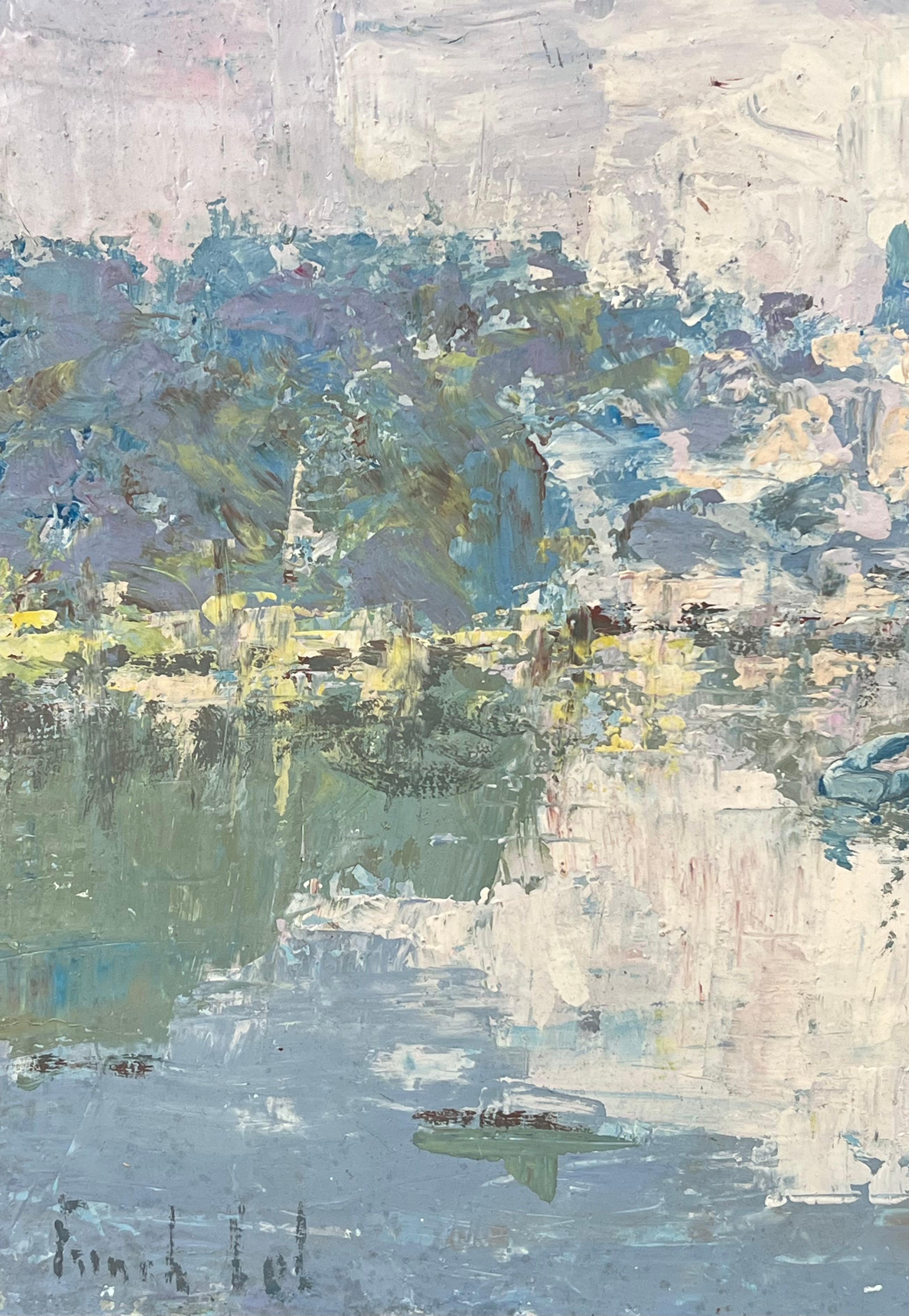 Bateau dans lac pommelé Townes flou Peinture à l'huile paysage français en vente 2
