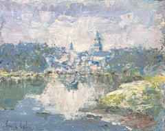 Bateau dans lac pommelé Townes flou Peinture à l'huile paysage français