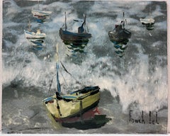 Bateaux ancrés dans la brume matinale sur une mer grise agitée Peinture française