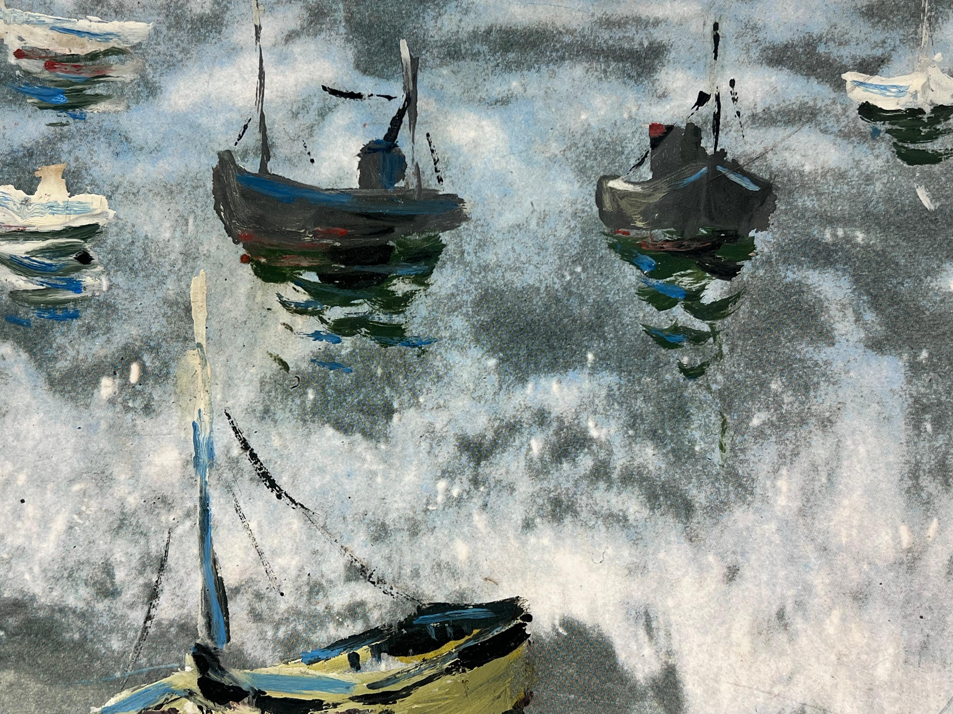 Boats Anchored in the Early Morning Mist on a Choppy Grey Sea French Painting - Gray Landscape Painting by Fanch Lel