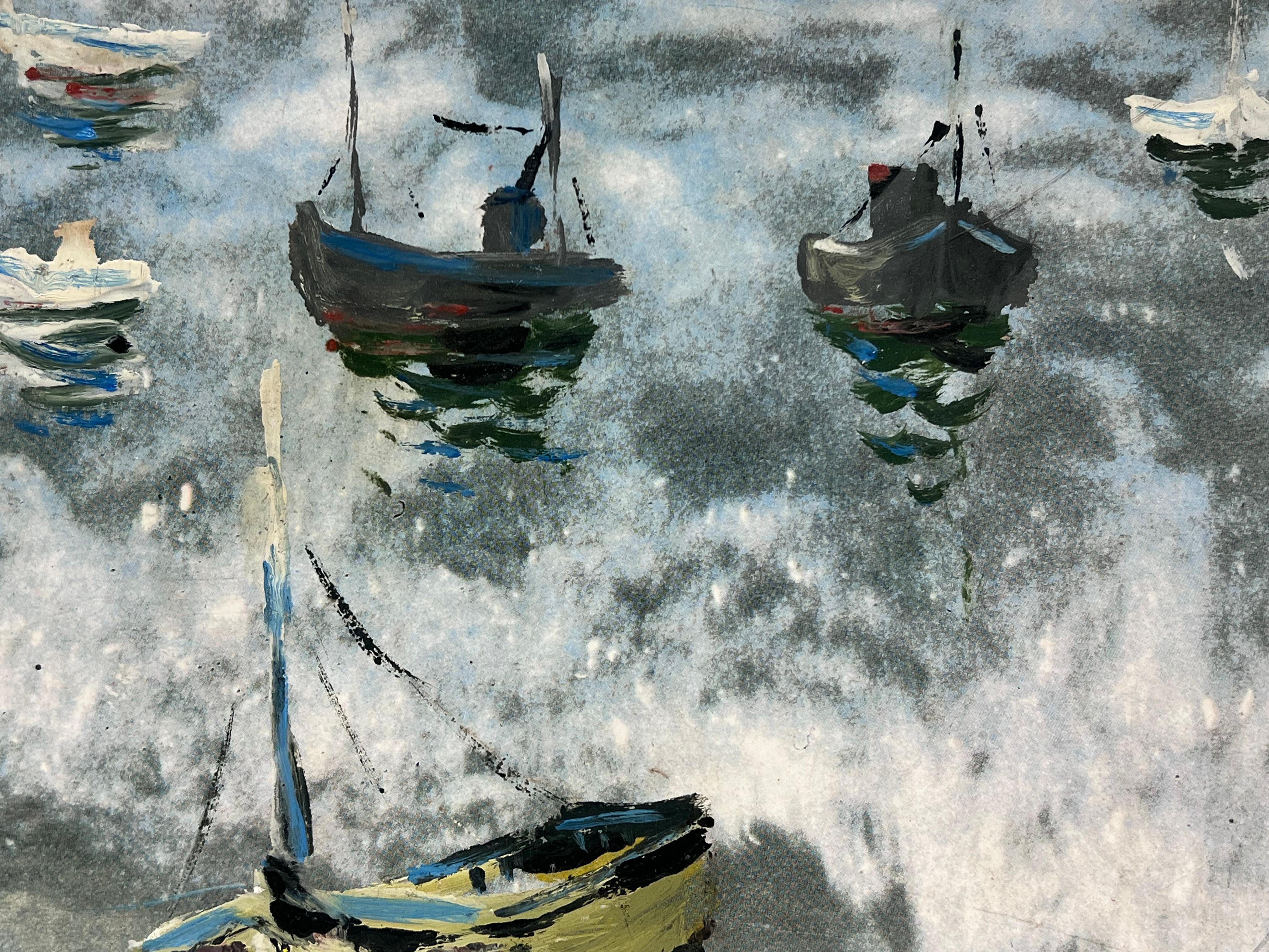 Anchored Boats In The Early Morning 
signed by Fanch Lel (French b. 1930)
size: 8.75 x 10.75 inches
oil painting on board, unframed
condition: the painting is in very good condition. It has previously been stored in the artists studio. 

Provenance: