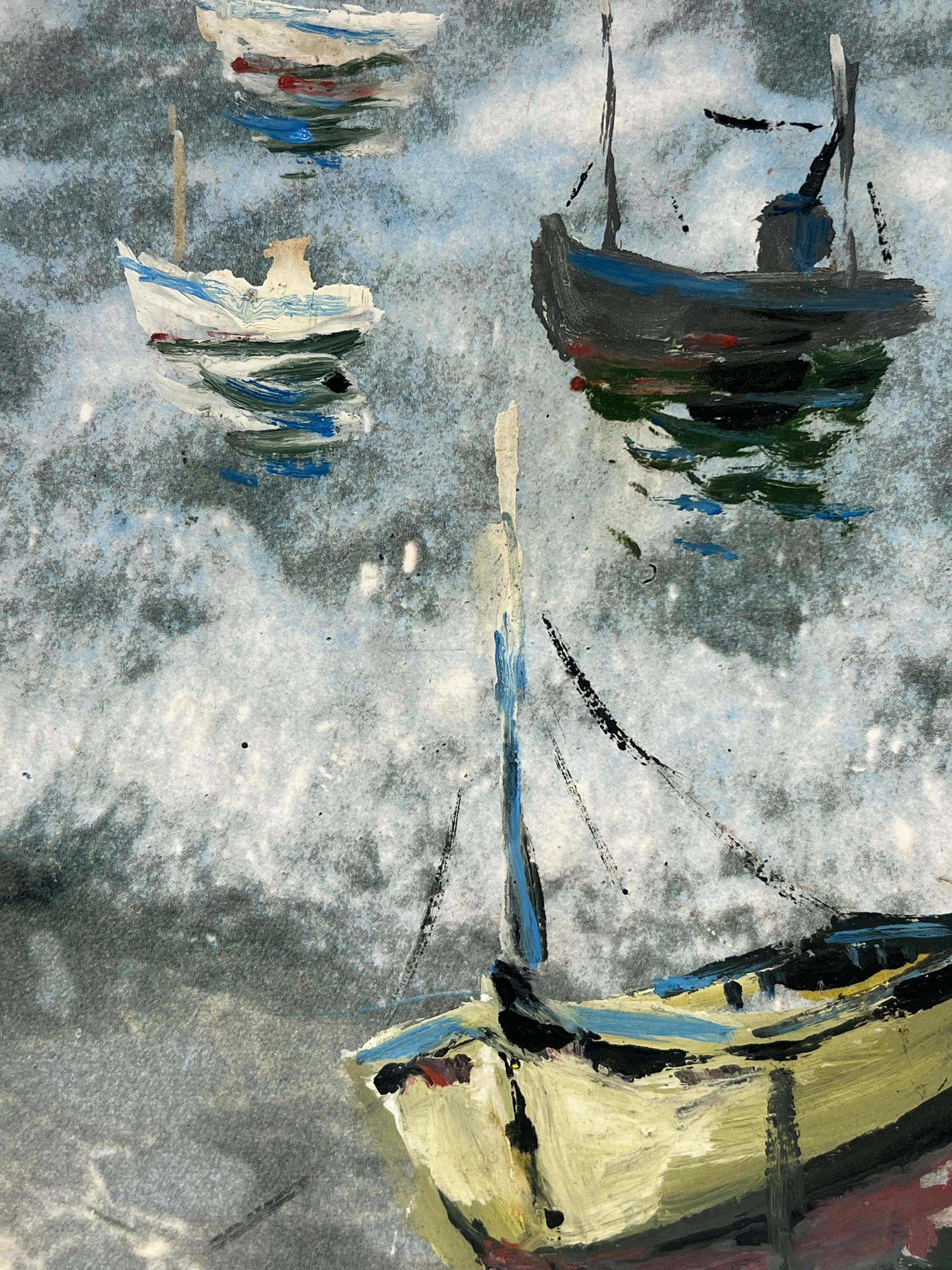 Boats Anchored in the Early Morning Mist on a Choppy Grey Sea French Painting For Sale 1