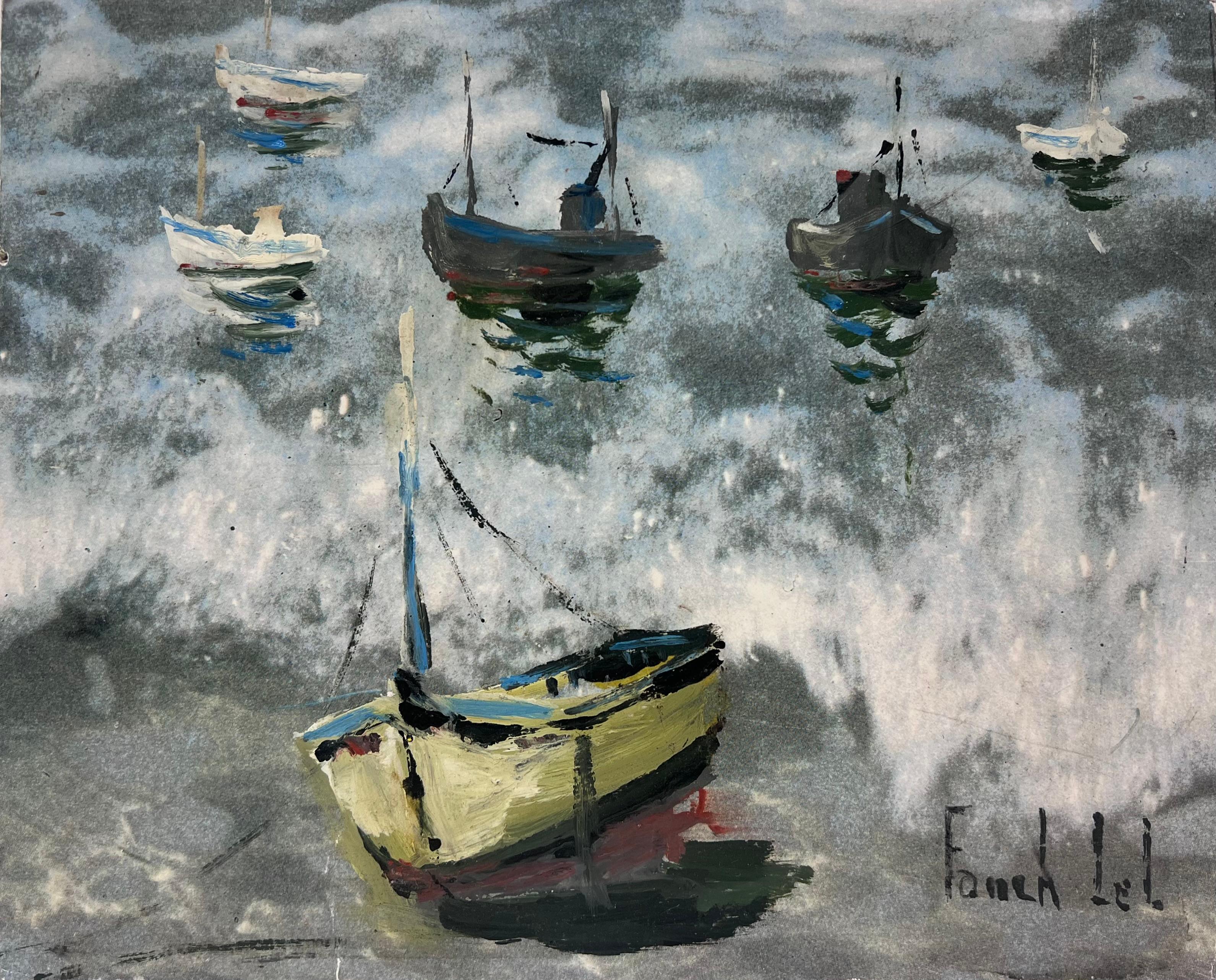 Fanch Lel Landscape Painting - Boats Anchored in the Early Morning Mist on a Choppy Grey Sea French Painting