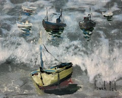 Boats Anchored in the Early Morning Mist on a Choppy Grey Sea, Französisches Gemälde