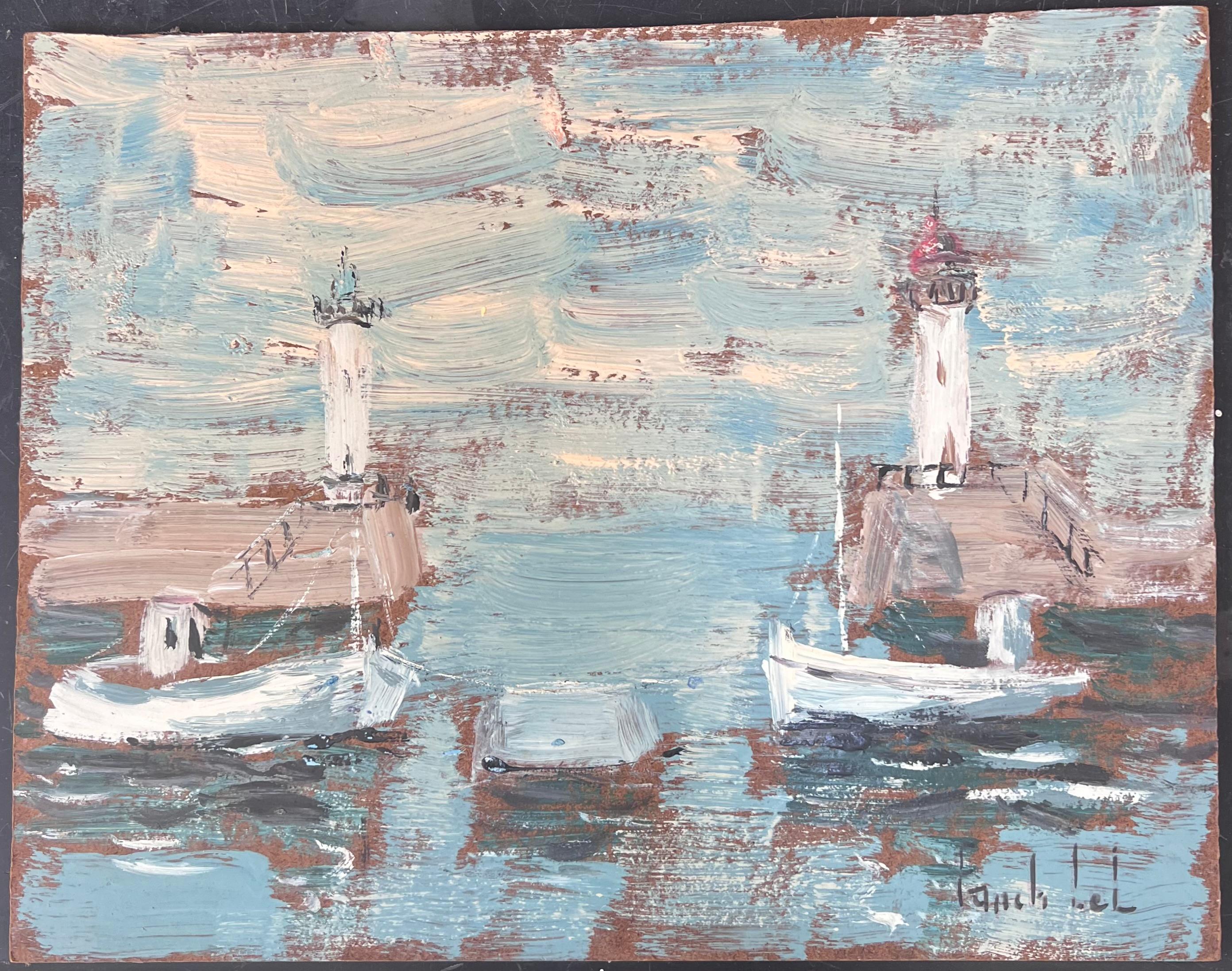 Boats Docked at Lighthouse Bay In The Blue Sea Französische Landschaft, Ölgemälde – Painting von Fanch Lel
