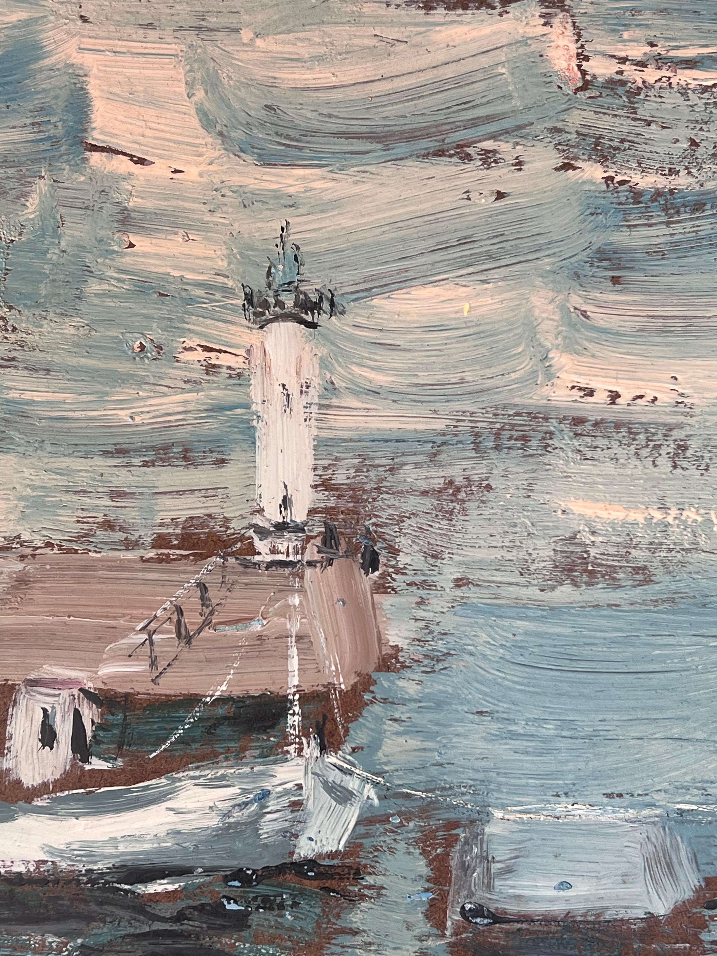 Boats Docked at Lighthouse Bay In The Blue Sea Französische Landschaft, Ölgemälde (Impressionismus), Painting, von Fanch Lel