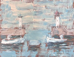 Boats Docked at Lighthouse Bay In The Blue Sea French Landscape Oil Painting