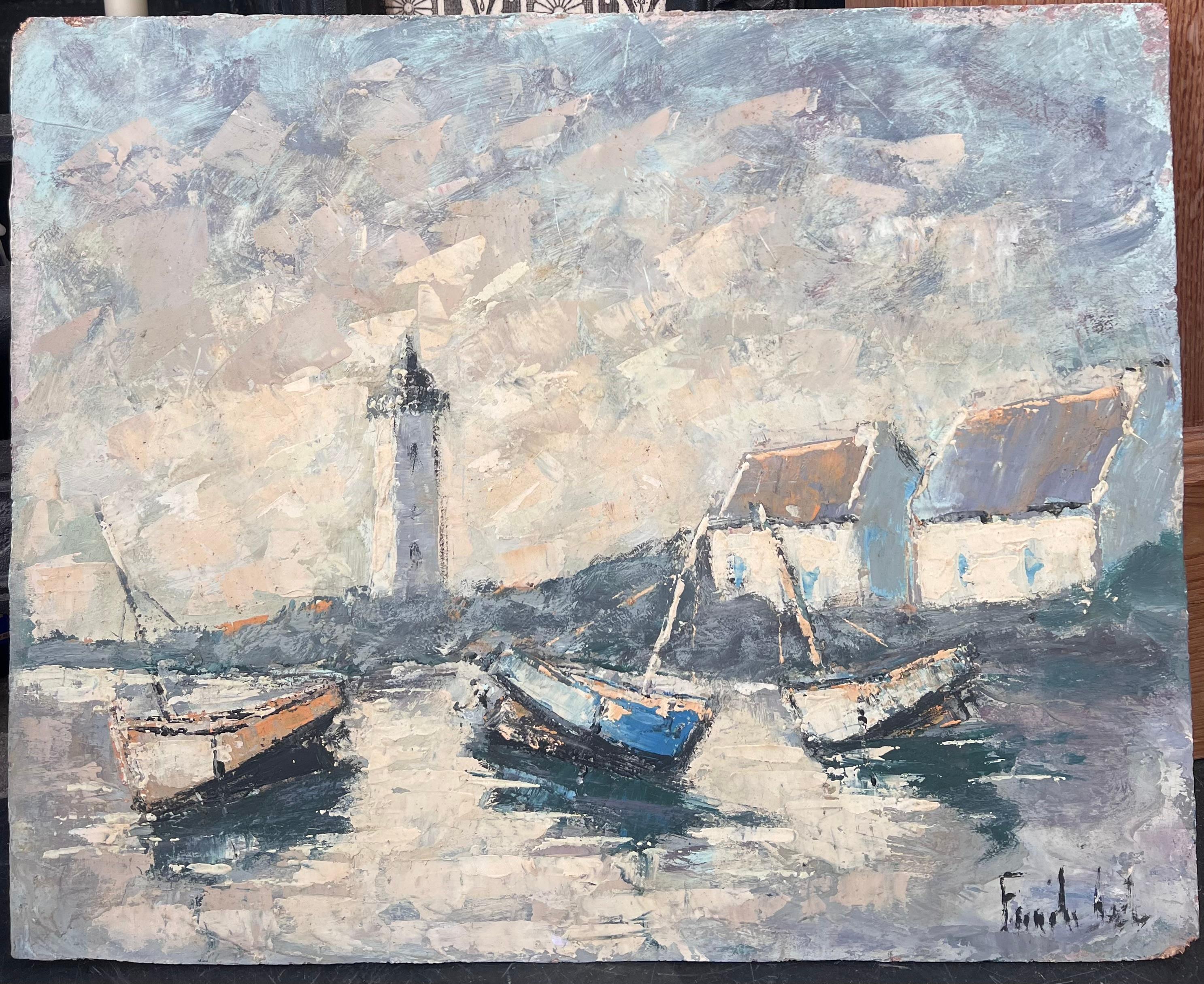 Boote angedockt im grauen Hafen am frühen Morgen Französisches Ölgemälde – Painting von Fanch Lel
