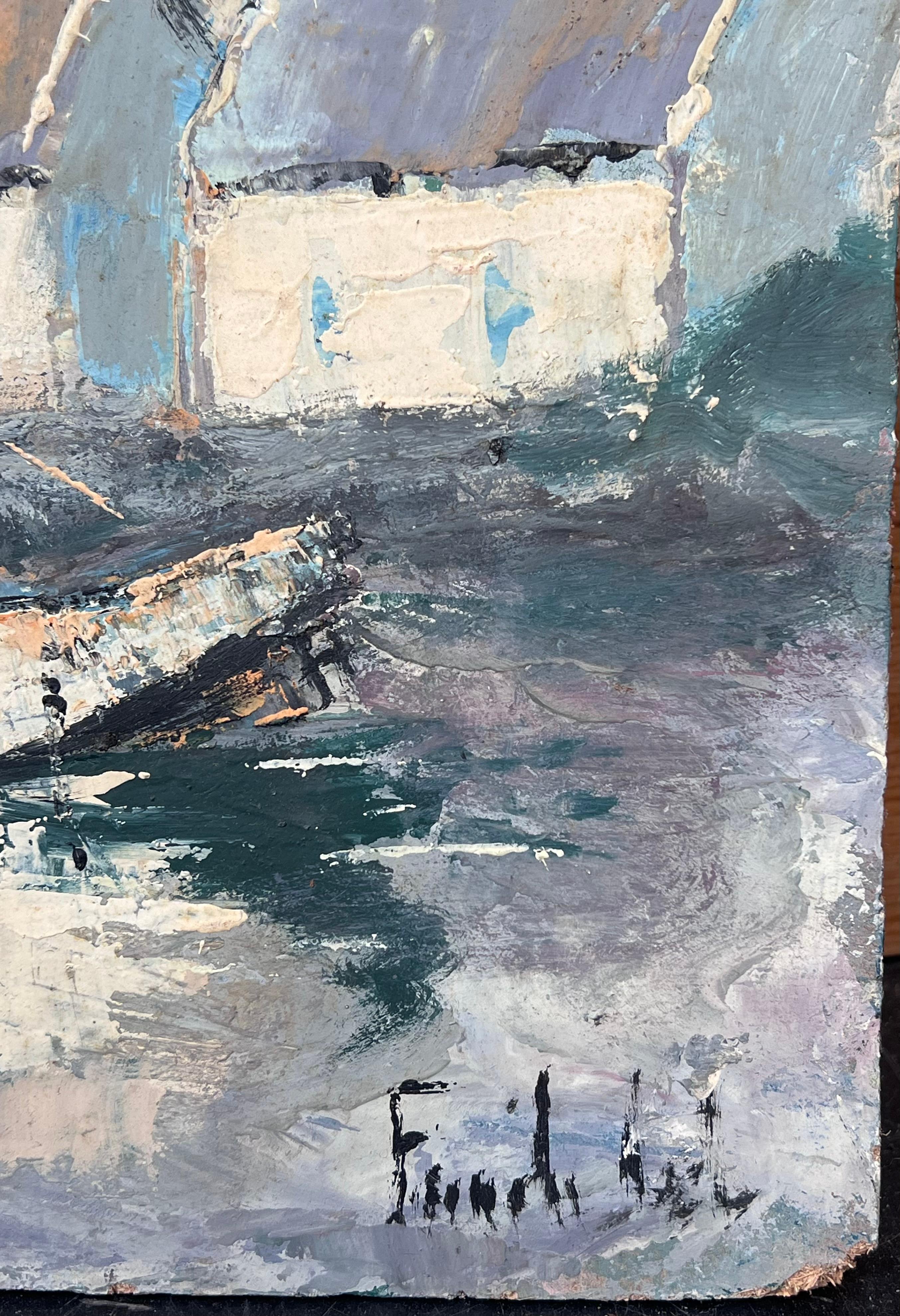 Boote angedockt im grauen Hafen am frühen Morgen Französisches Ölgemälde (Impressionismus), Painting, von Fanch Lel