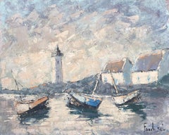 Barche attraccate nel porto grigio del primo mattino Pittura ad olio francese