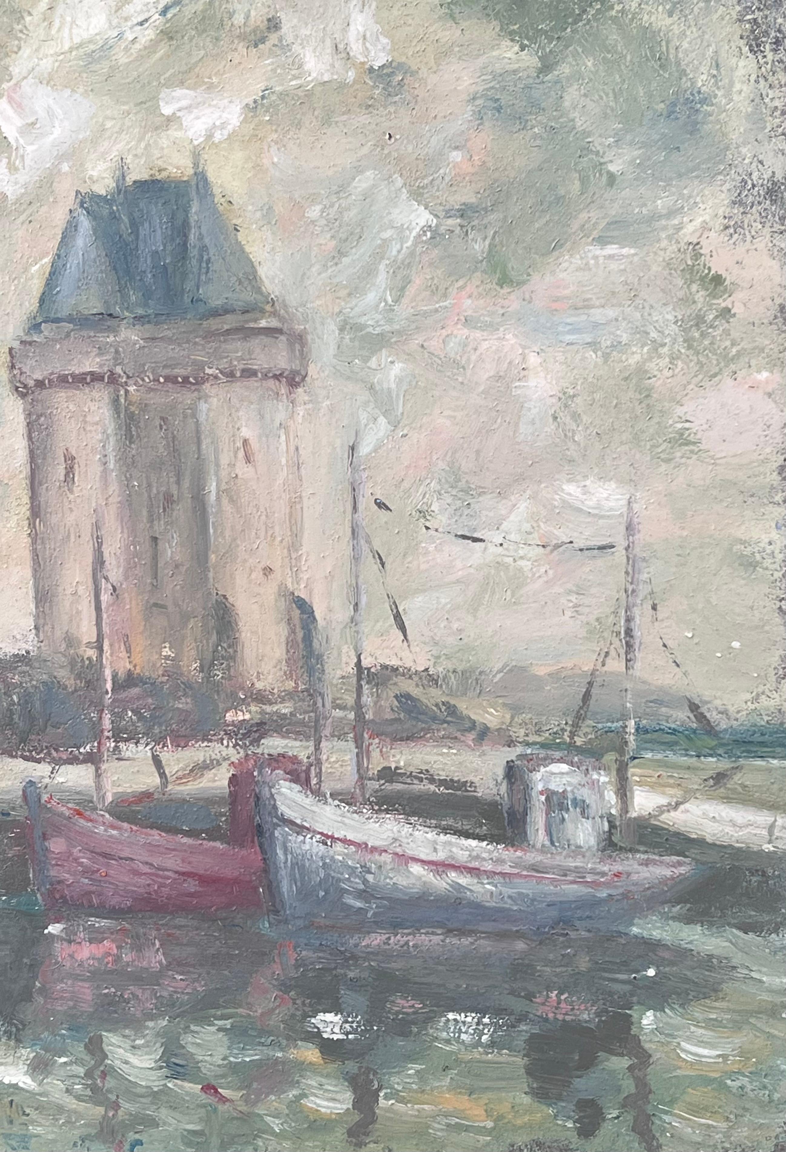 Barche attraccate sotto il faro Porto Paesaggio francese Pittura ad olio - Painting Impressionismo di Fanch Lel