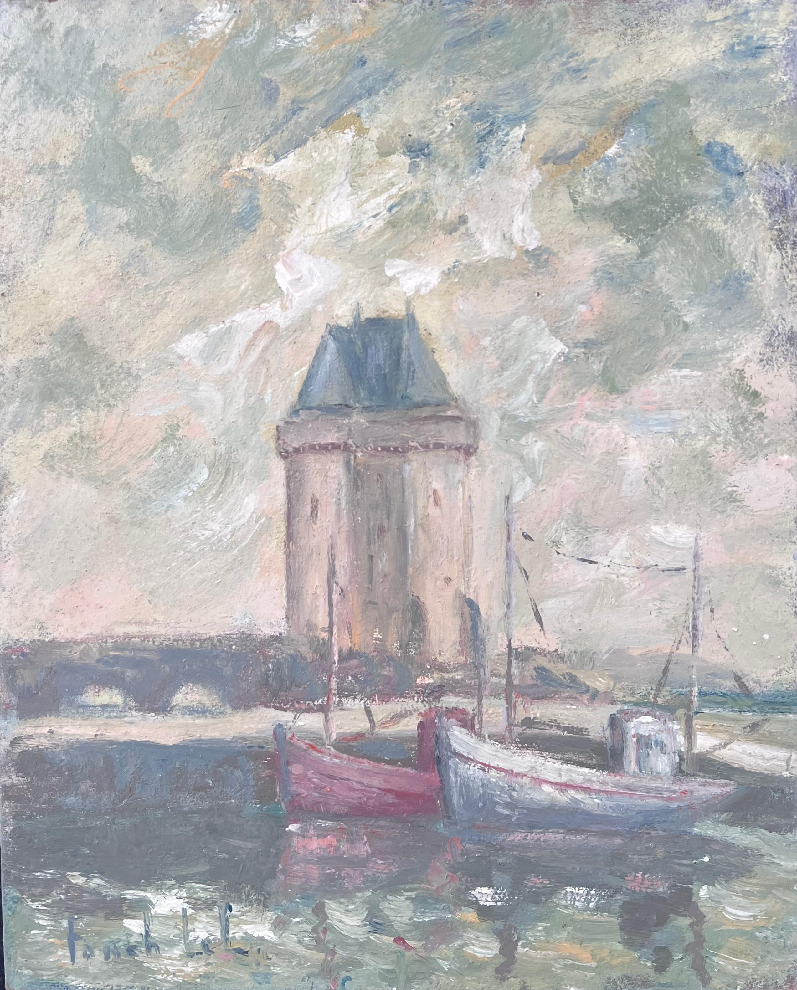 Landscape Painting di Fanch Lel - Barche attraccate sotto il faro Porto Paesaggio francese Pittura ad olio