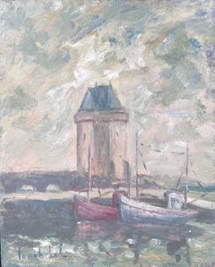 Barche attraccate sotto il faro Porto Paesaggio francese Pittura ad olio